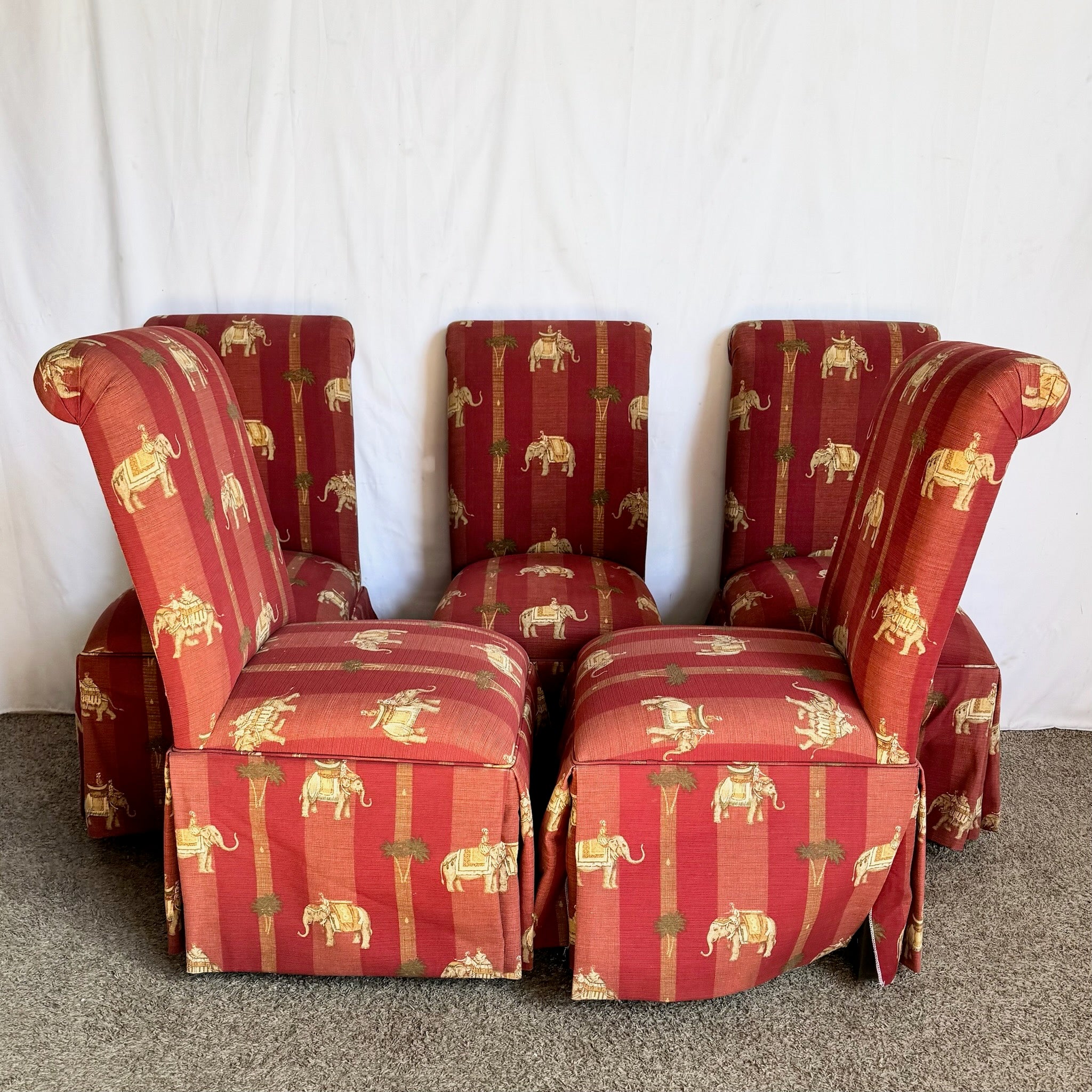 Vintage Regency Red Skirted Elephant Parsons Dining Chairs - Set of 6