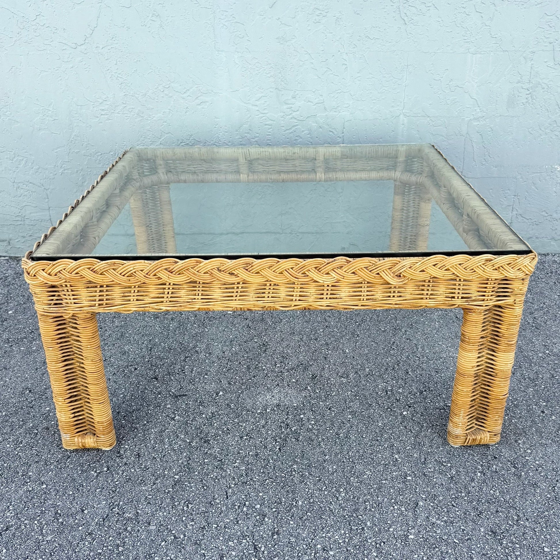 Boho Chic Woven Wicker Glass Top Square Coffee Table Dolphin & Flamingo