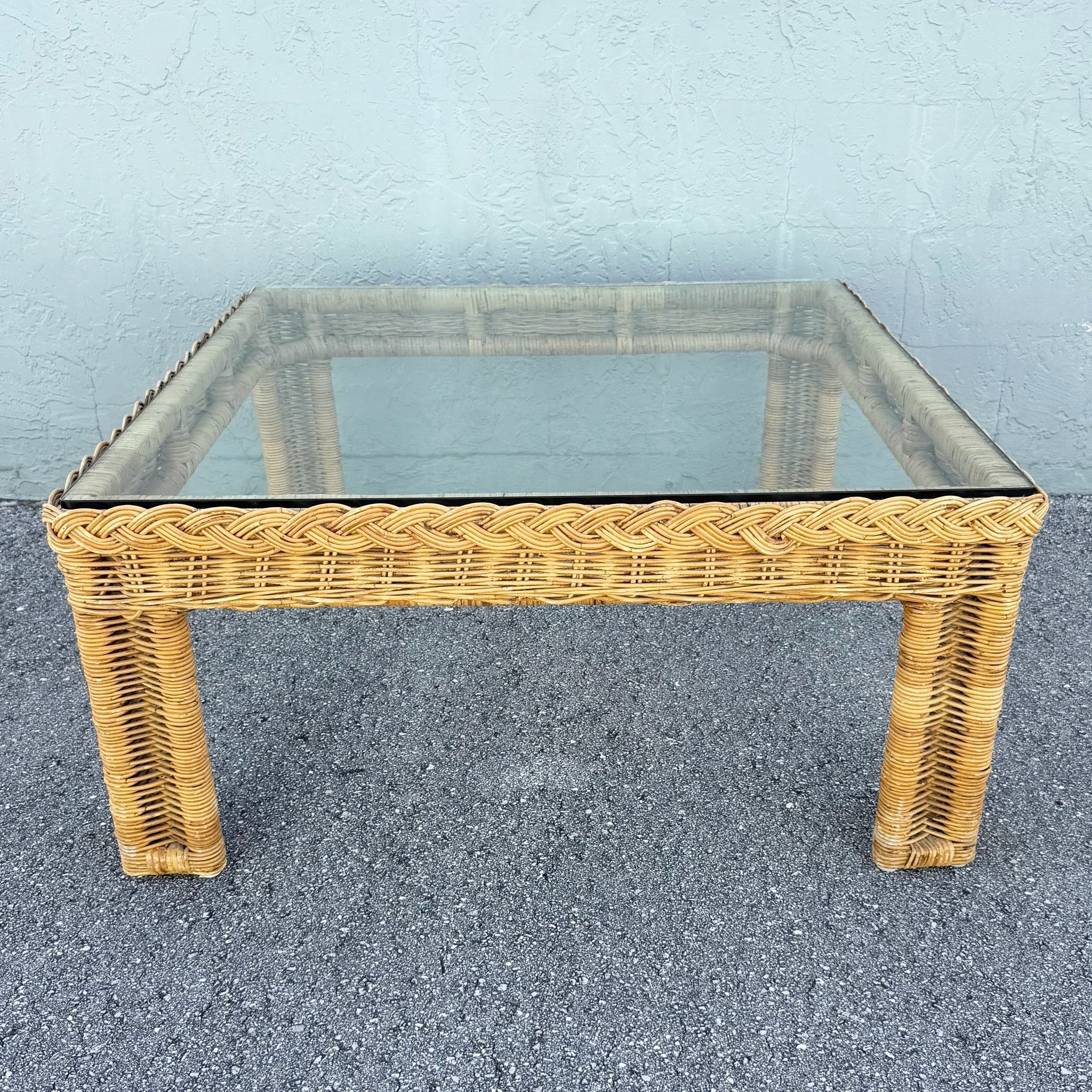 Boho Chic Woven Wicker Glass Top Square Coffee Table Dolphin & Flamingo