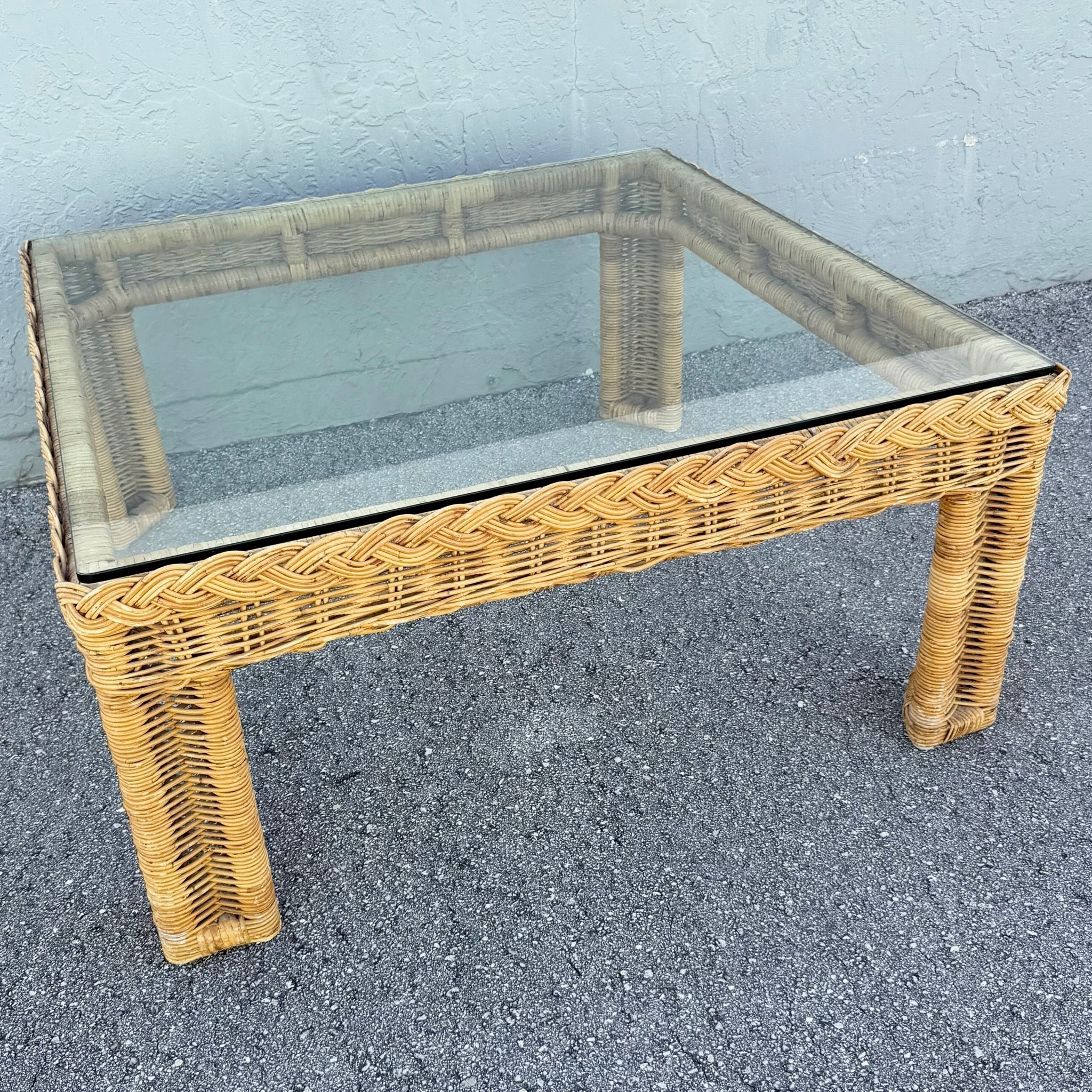 Boho Chic Woven Wicker Glass Top Square Coffee Table Dolphin & Flamingo