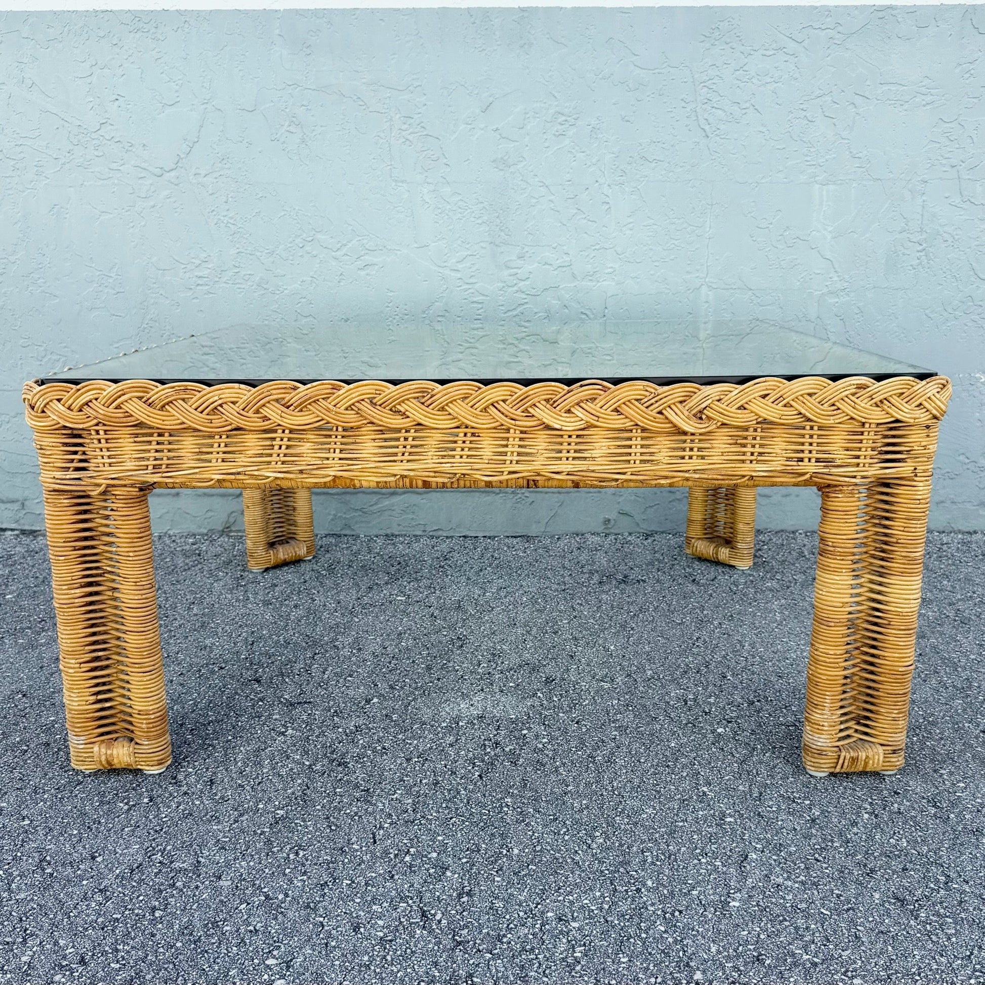 Boho Chic Woven Wicker Glass Top Square Coffee Table Dolphin & Flamingo