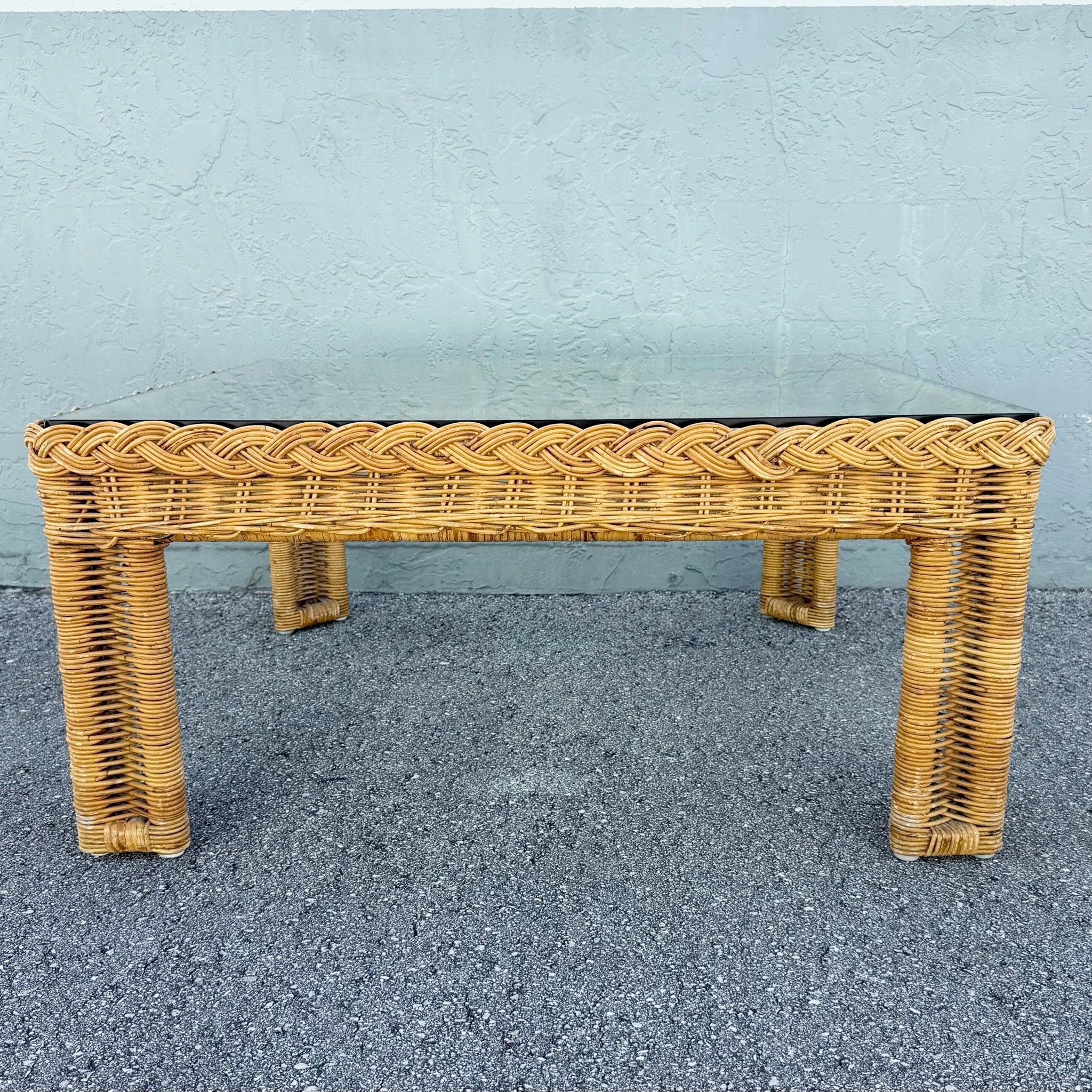 Boho Chic Woven Wicker Glass Top Square Coffee Table Dolphin & Flamingo