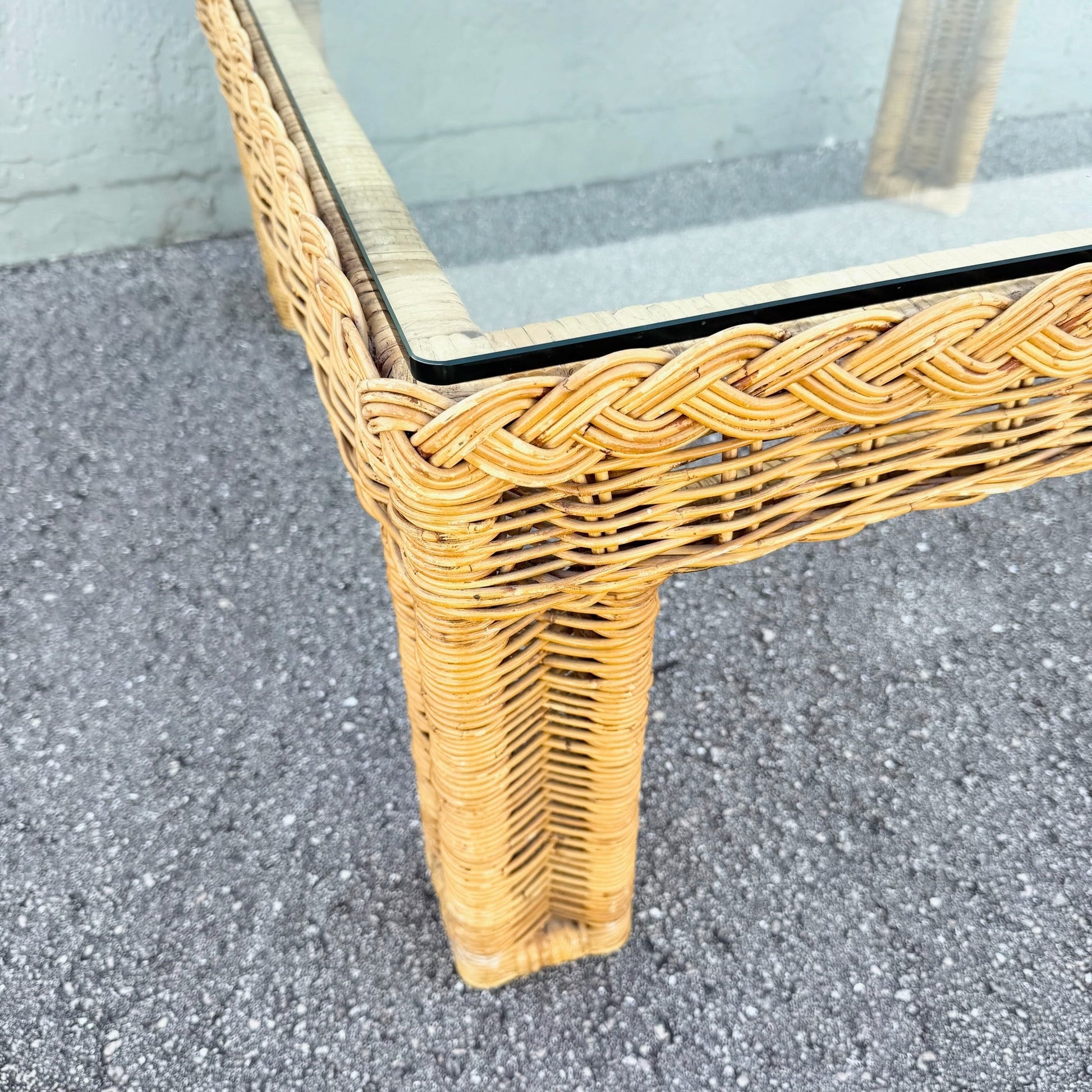 Boho Chic Woven Wicker Glass Top Square Coffee Table Dolphin & Flamingo