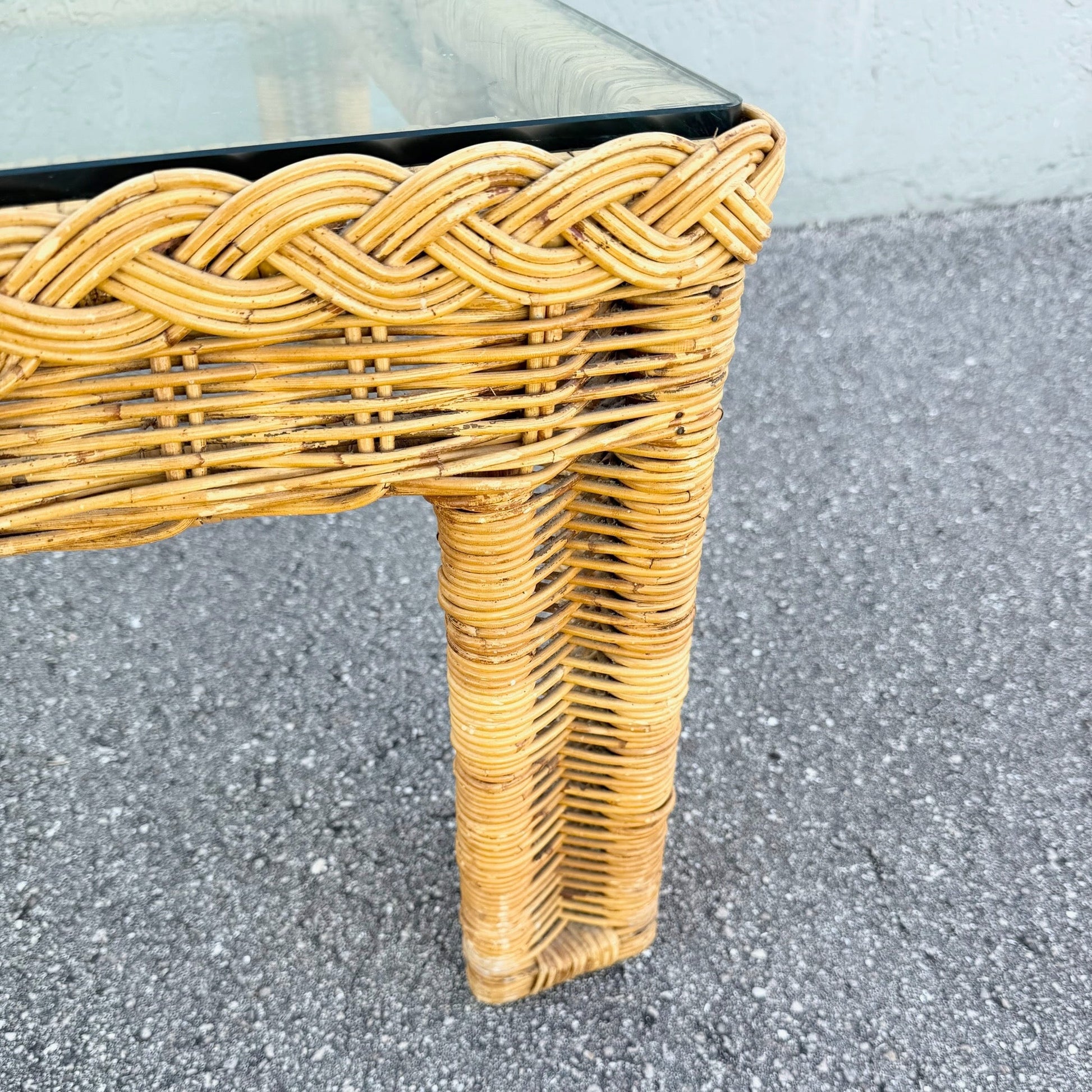 Boho Chic Woven Wicker Glass Top Square Coffee Table Dolphin & Flamingo