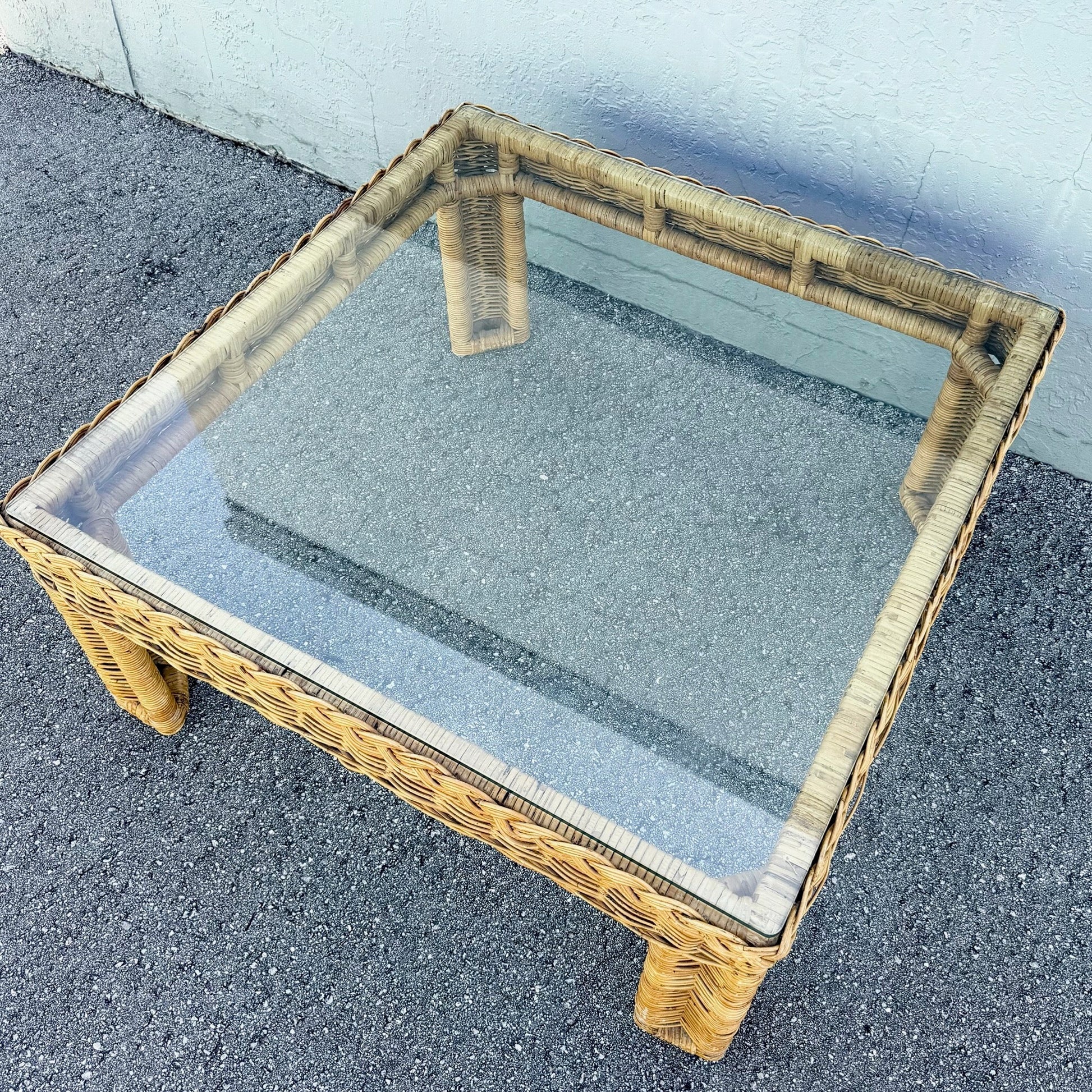 Boho Chic Woven Wicker Glass Top Square Coffee Table Dolphin & Flamingo