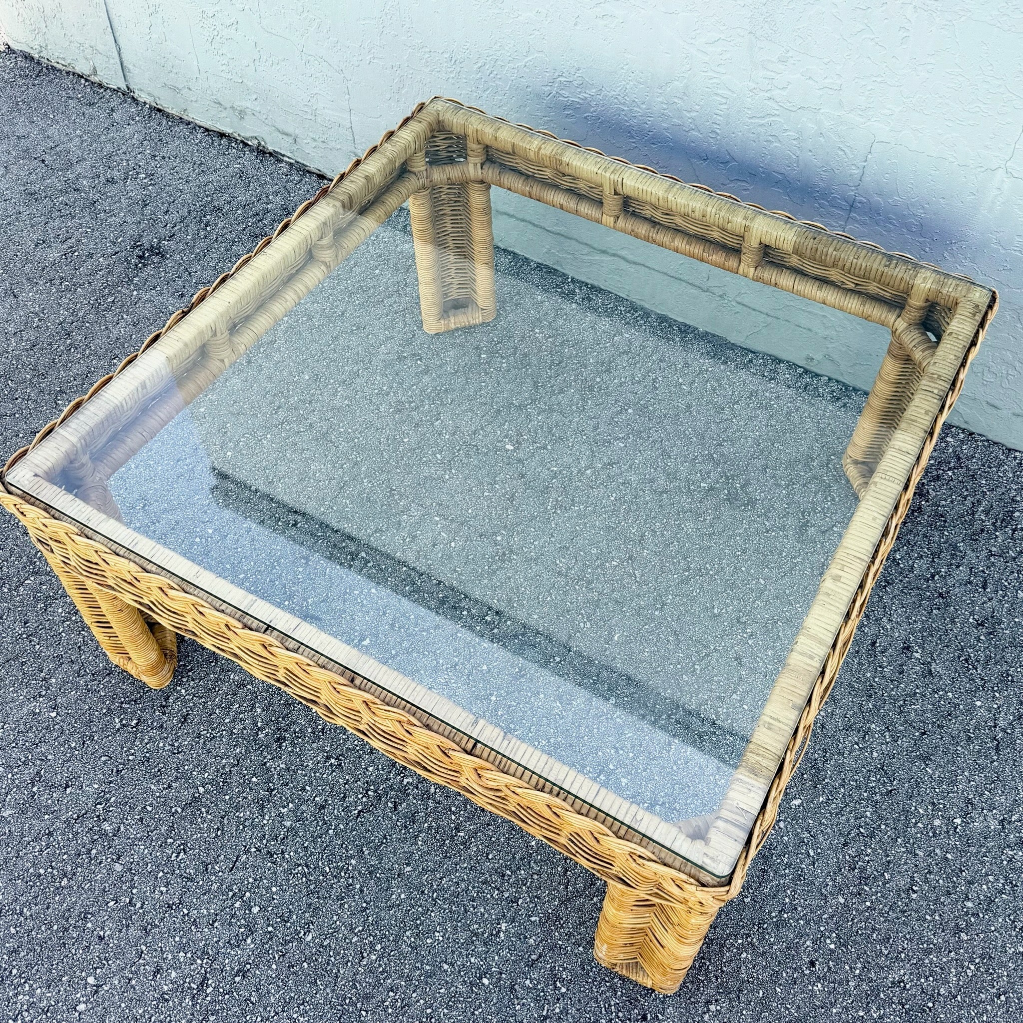 Boho Chic Woven Wicker Glass Top Square Coffee Table Dolphin & Flamingo