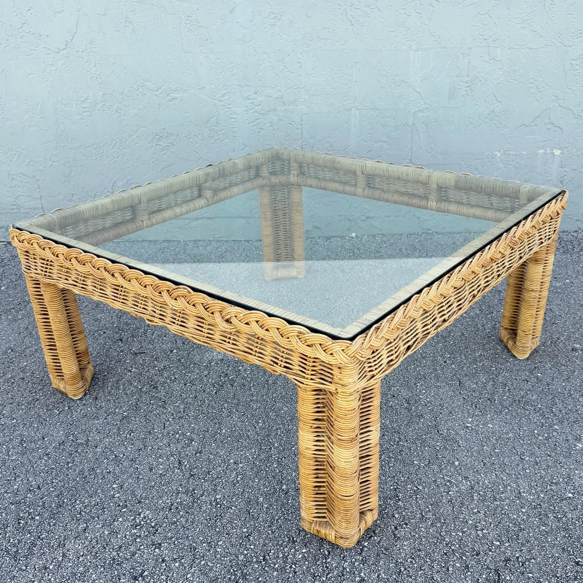 Boho Chic Woven Wicker Glass Top Square Coffee Table Dolphin & Flamingo