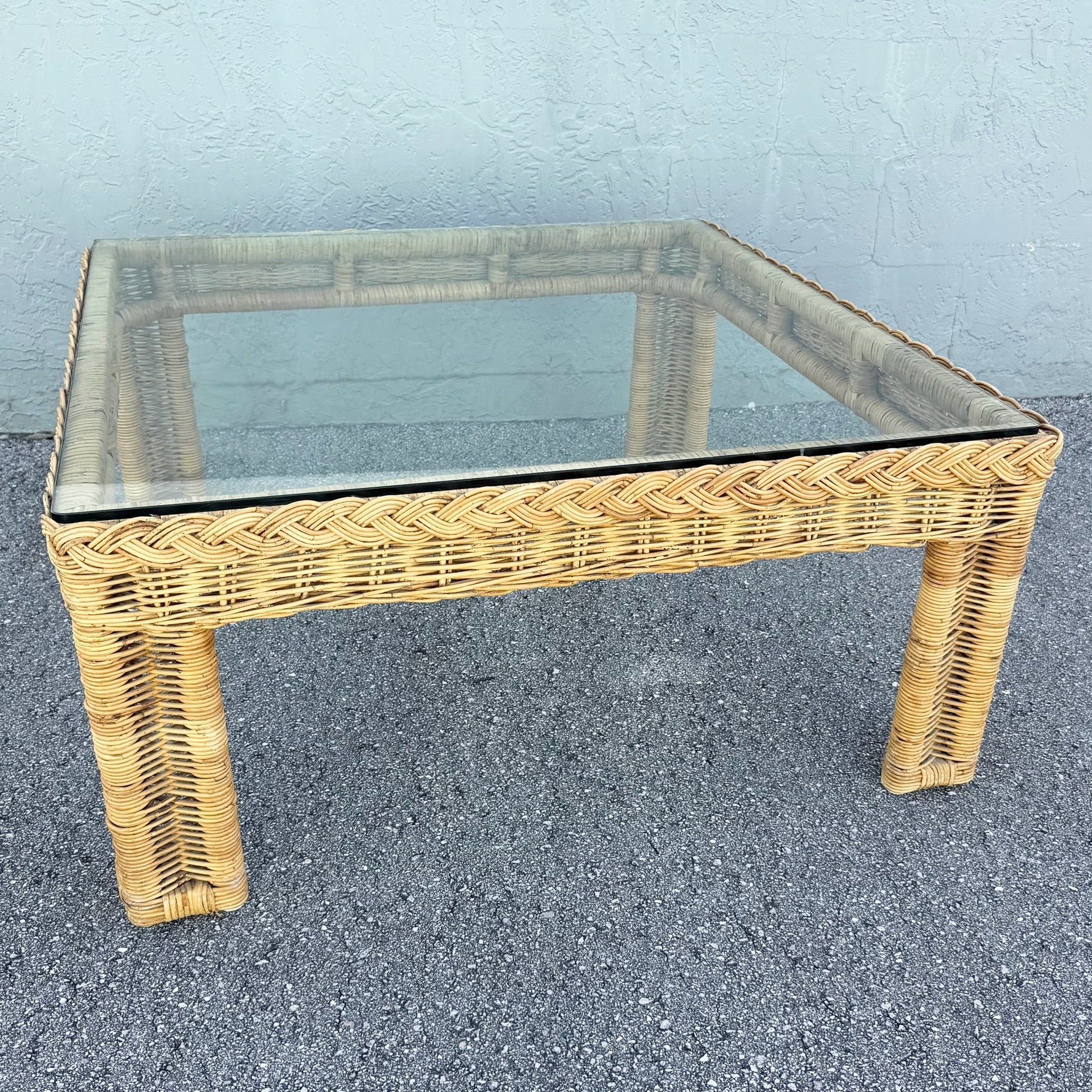 Boho Chic Woven Wicker Glass Top Square Coffee Table Dolphin & Flamingo
