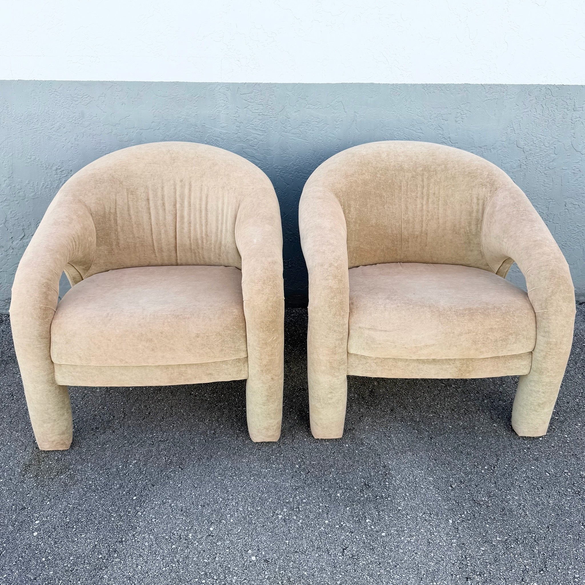 Postmodern Sculpted Tan Velvet Lounge Chairs - A Pair Dolphin & Flamingo