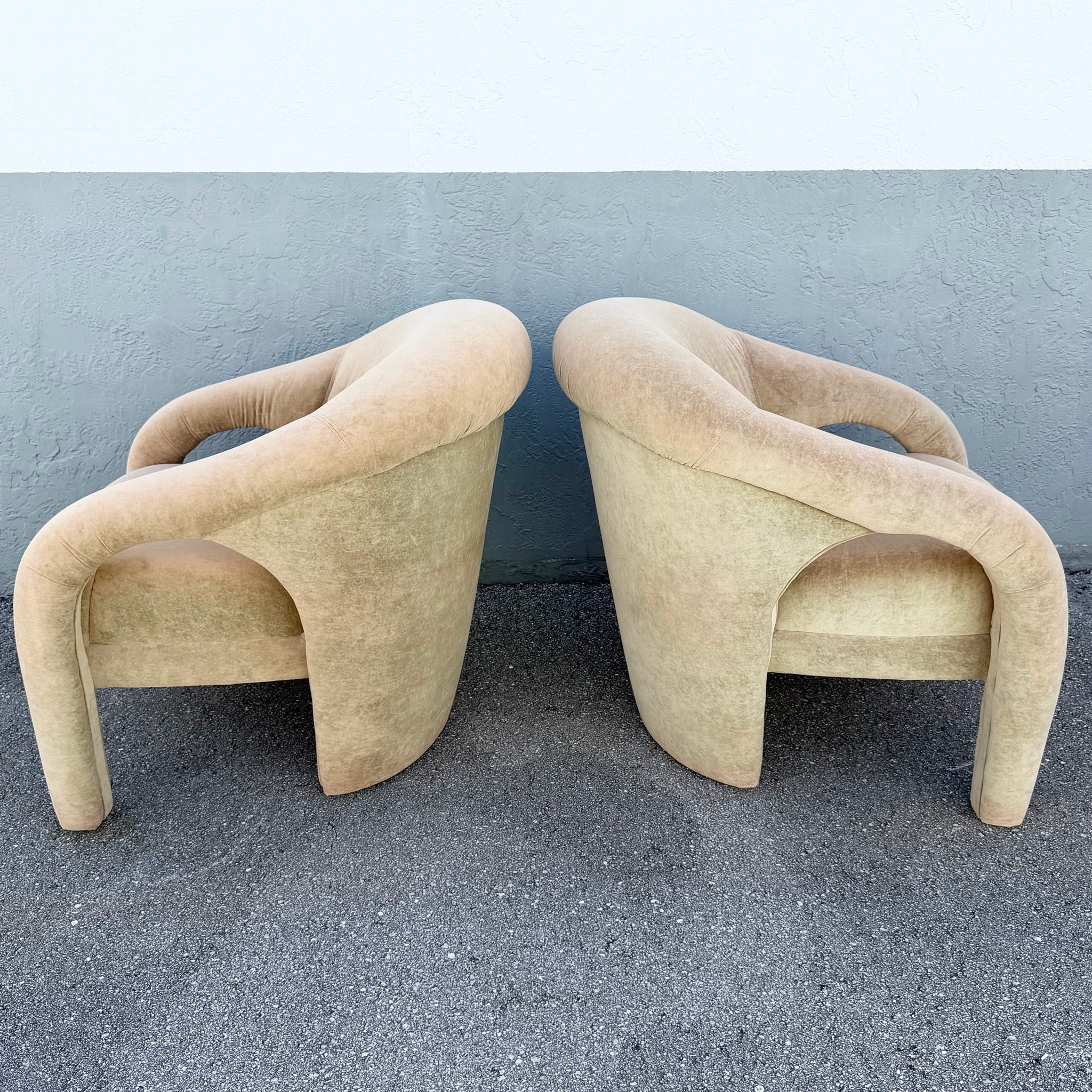 Postmodern Sculpted Tan Velvet Lounge Chairs - A Pair Dolphin & Flamingo
