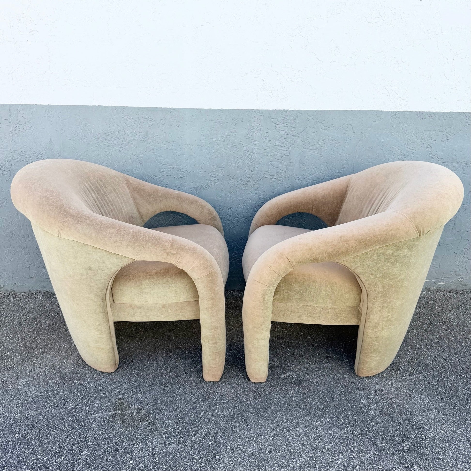 Postmodern Sculpted Tan Velvet Lounge Chairs - A Pair Dolphin & Flamingo