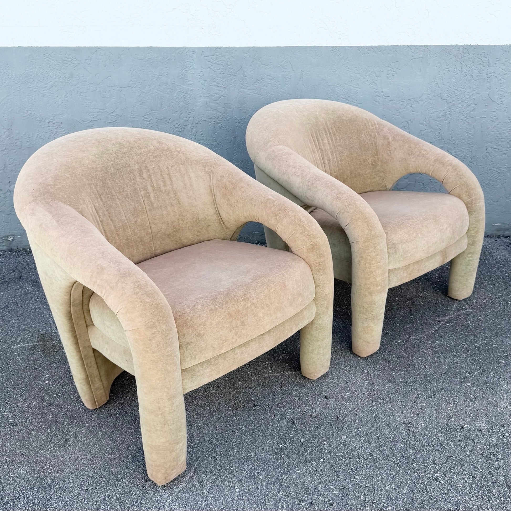 Postmodern Sculpted Tan Velvet Lounge Chairs - A Pair Dolphin & Flamingo
