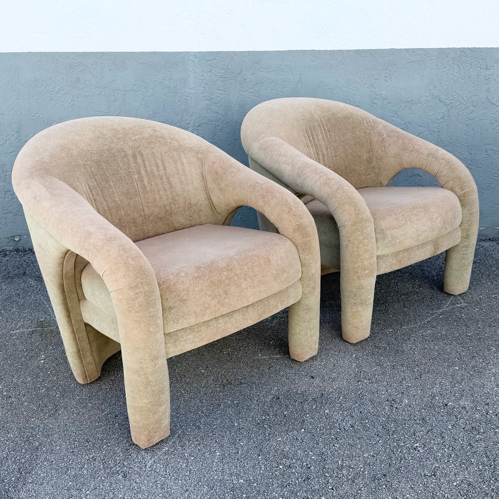 Postmodern Sculpted Tan Velvet Lounge Chairs - A Pair Dolphin & Flamingo