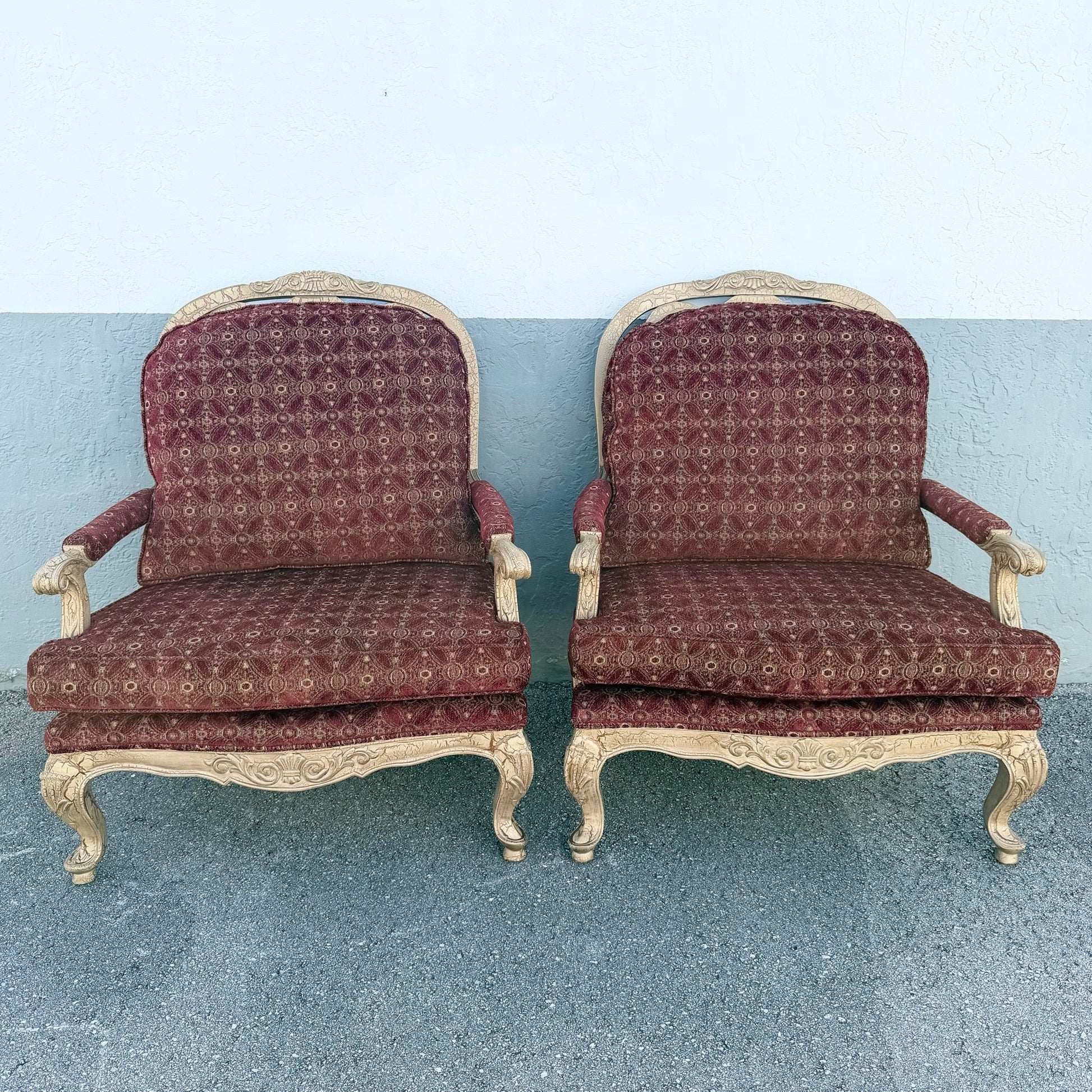 Carved French Provincial Louis XV-style Fauteuil Armchairs - A Pair Dolphin & Flamingo
