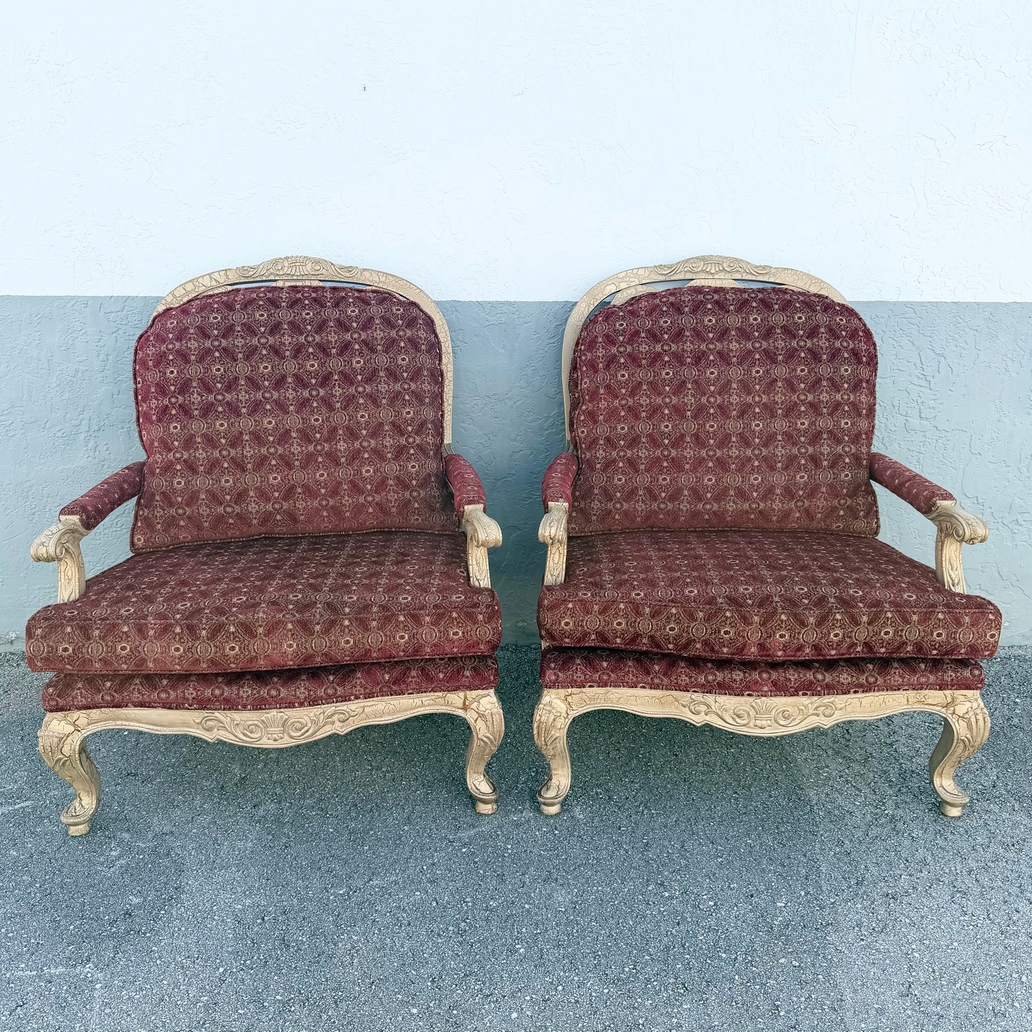 Carved French Provincial Louis XV-style Fauteuil Armchairs - A Pair Dolphin & Flamingo
