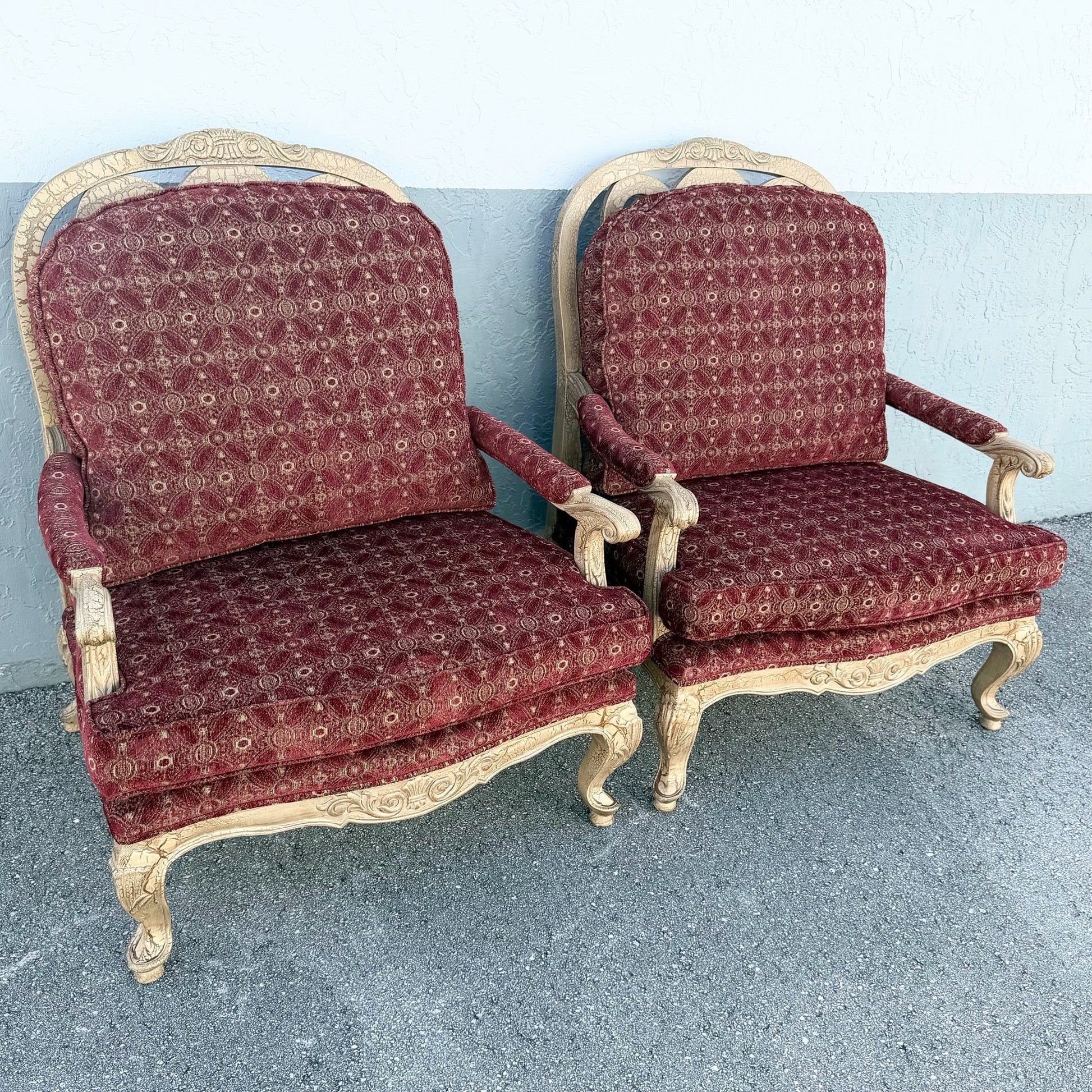 Carved French Provincial Louis XV-style Fauteuil Armchairs - A Pair Dolphin & Flamingo