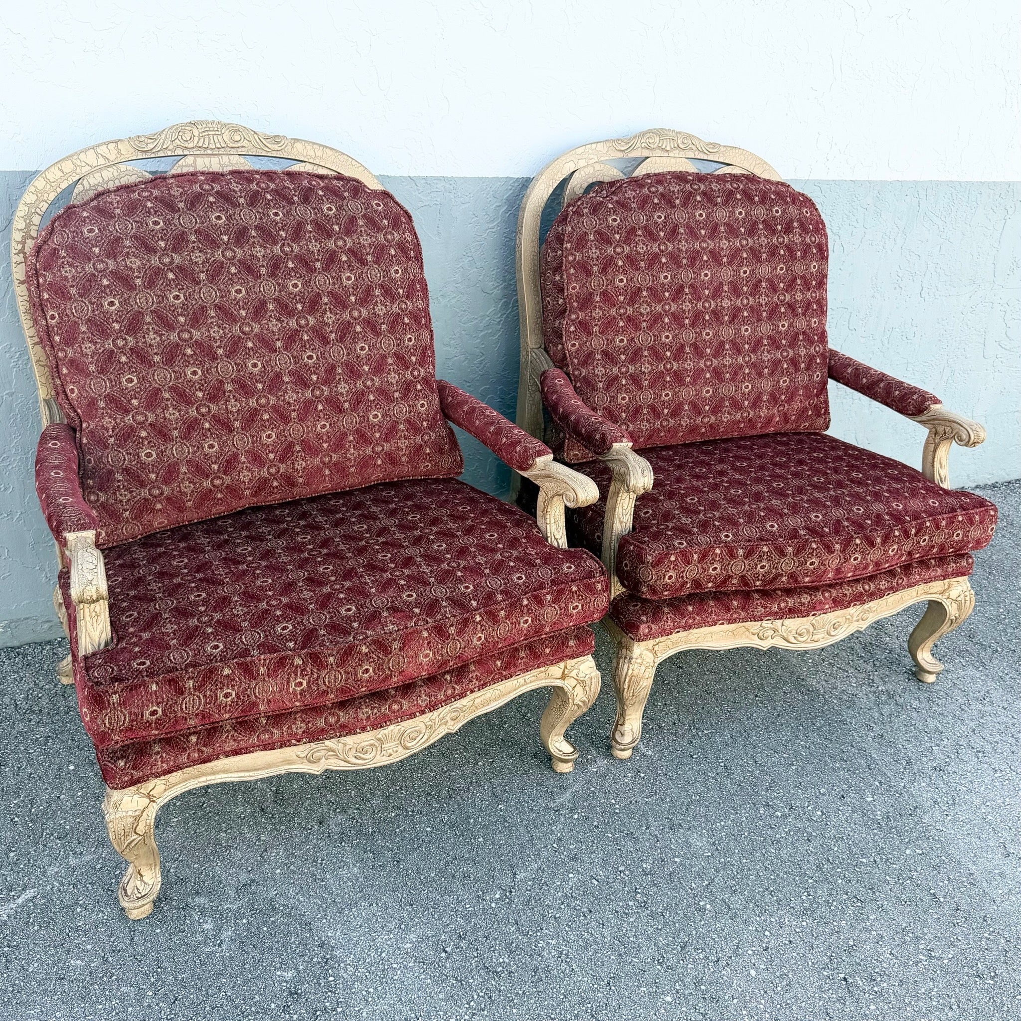 Carved French Provincial Louis XV-style Fauteuil Armchairs - A Pair Dolphin & Flamingo