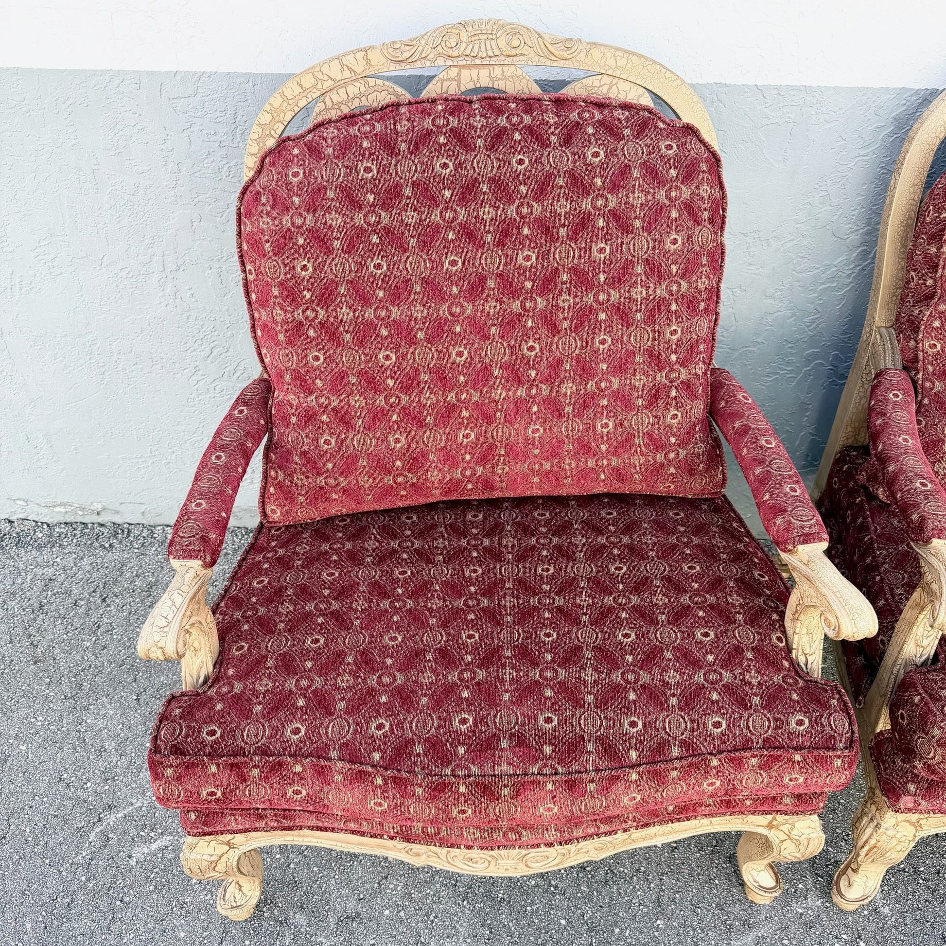 Carved French Provincial Louis XV-style Fauteuil Armchairs - A Pair Dolphin & Flamingo