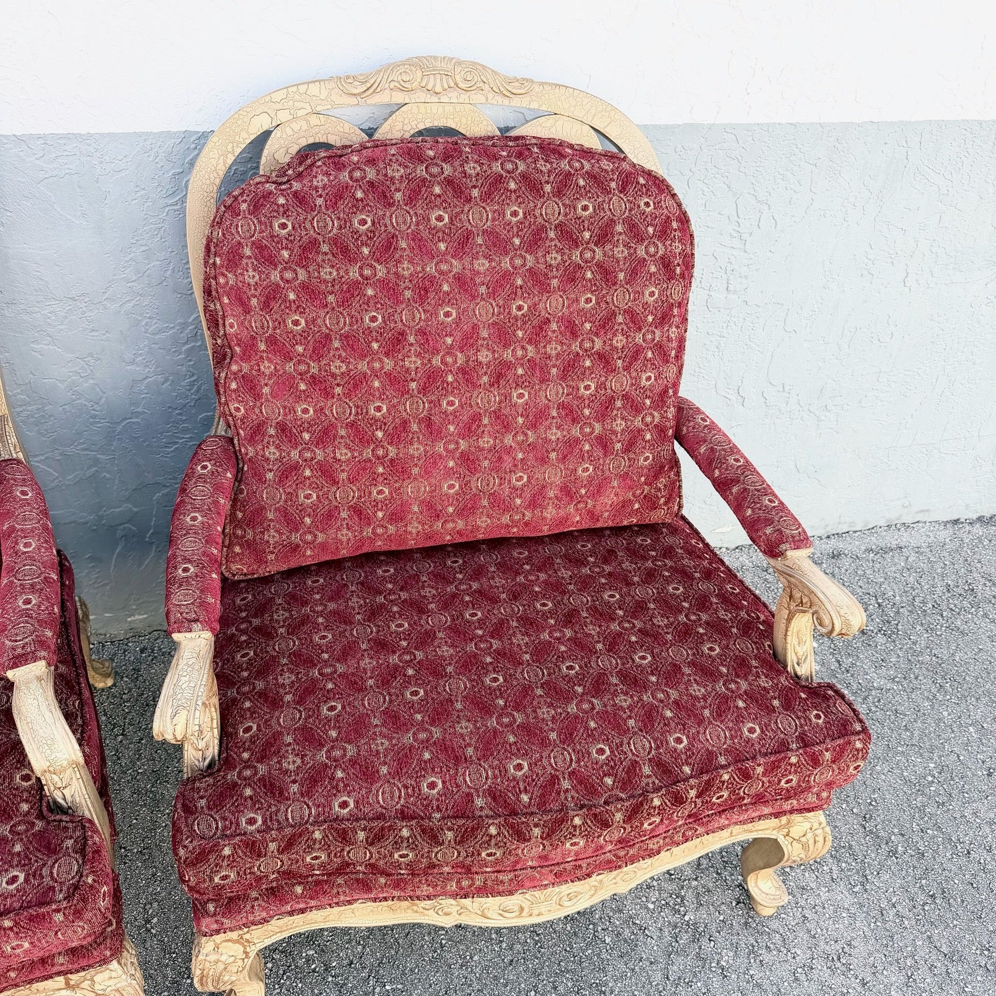 Carved French Provincial Louis XV-style Fauteuil Armchairs - A Pair Dolphin & Flamingo
