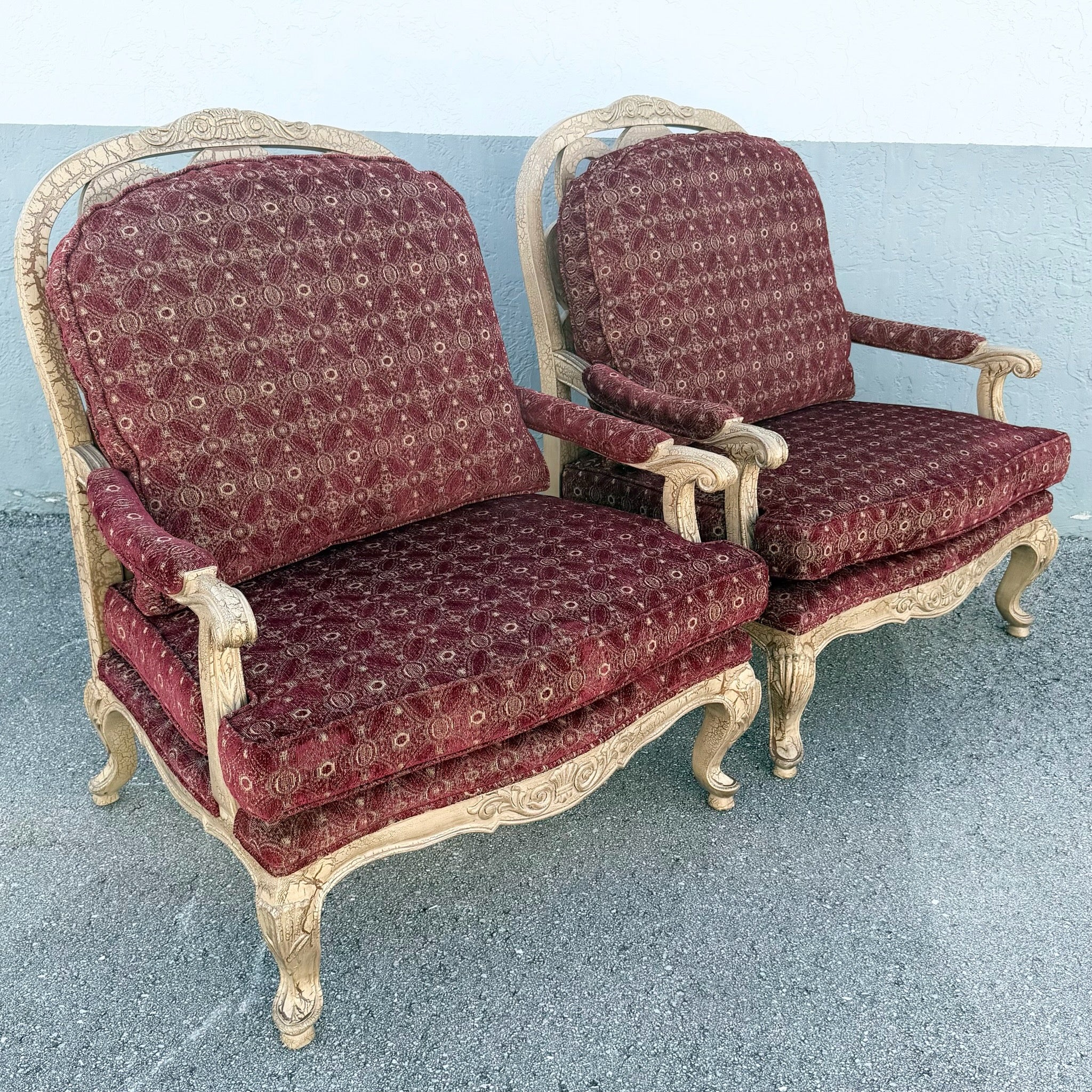 Carved French Provincial Louis XV-style Fauteuil Armchairs - A Pair Dolphin & Flamingo