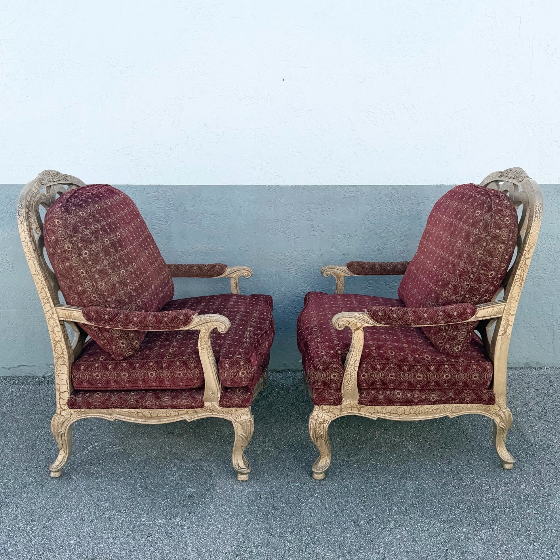 Carved French Provincial Louis XV-style Fauteuil Armchairs - A Pair Dolphin & Flamingo