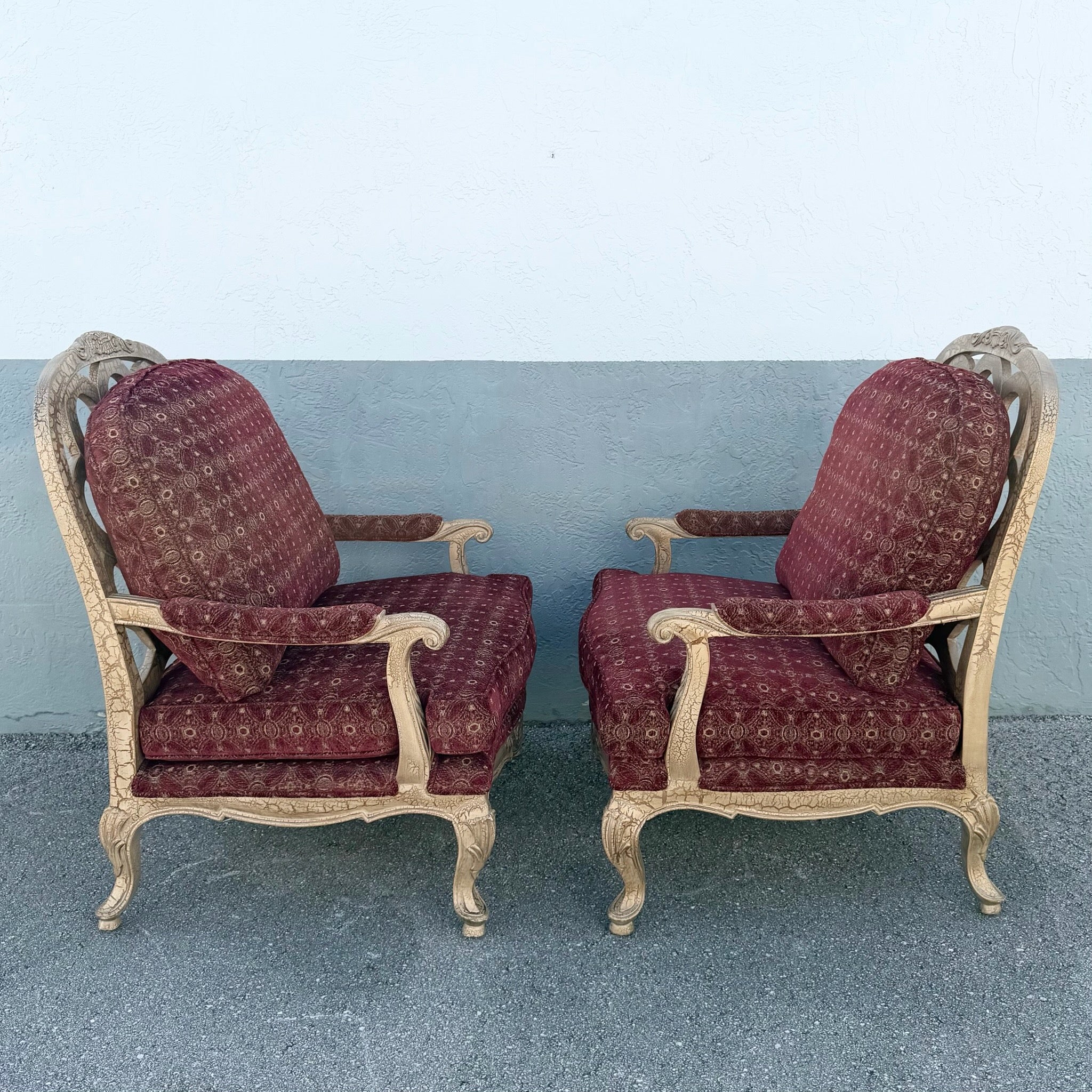 Carved French Provincial Louis XV-style Fauteuil Armchairs - A Pair Dolphin & Flamingo
