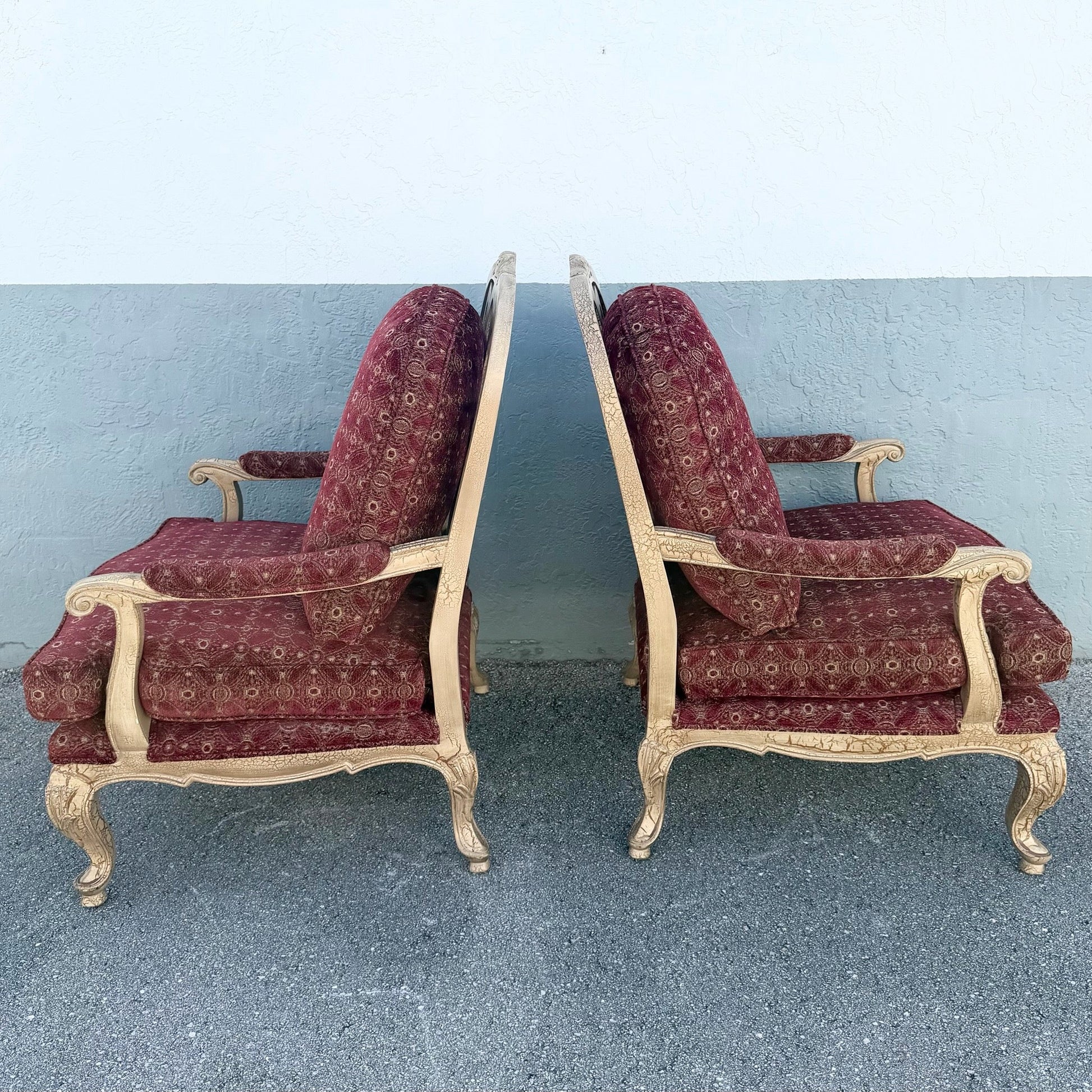 Carved French Provincial Louis XV-style Fauteuil Armchairs - A Pair Dolphin & Flamingo