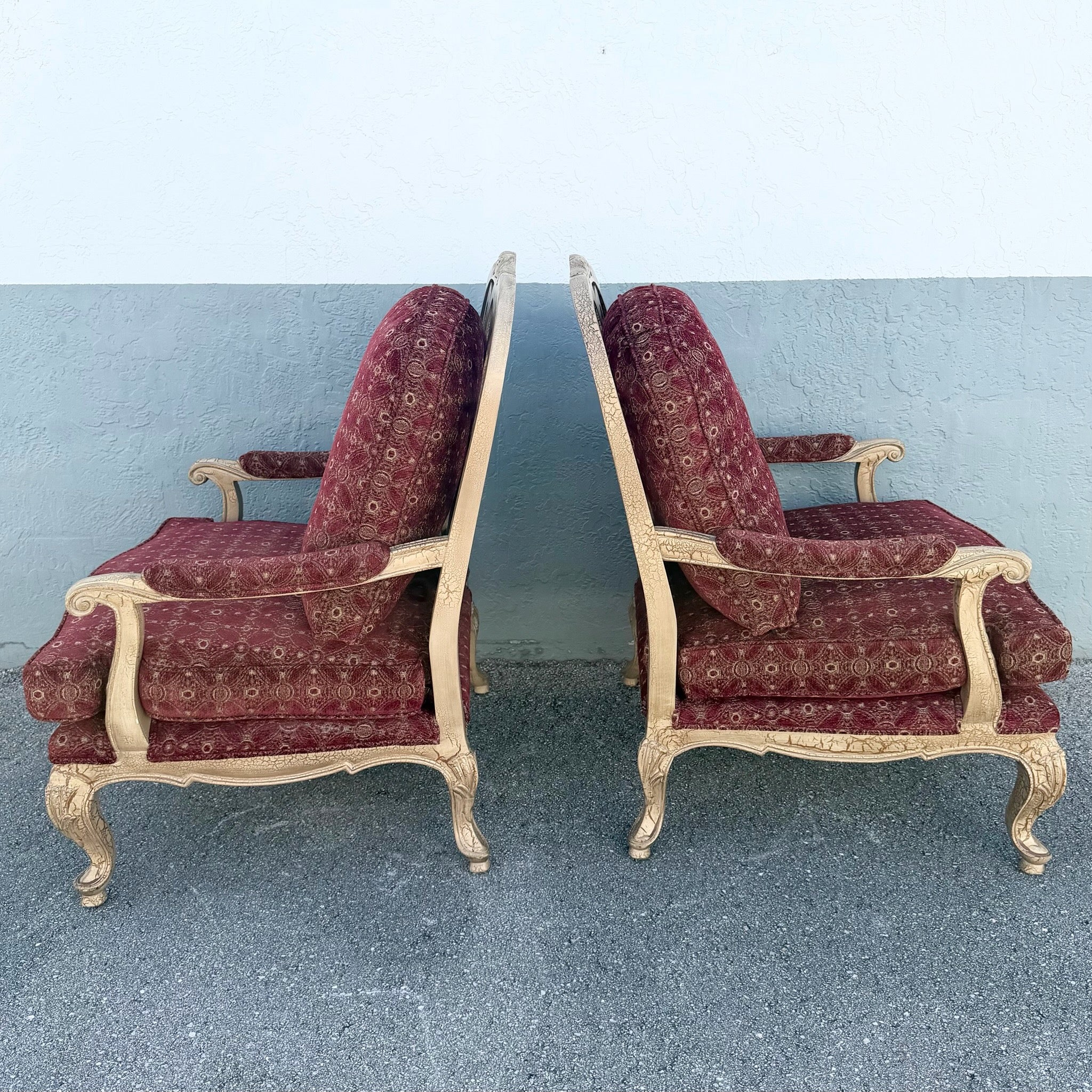 Carved French Provincial Louis XV-style Fauteuil Armchairs - A Pair Dolphin & Flamingo
