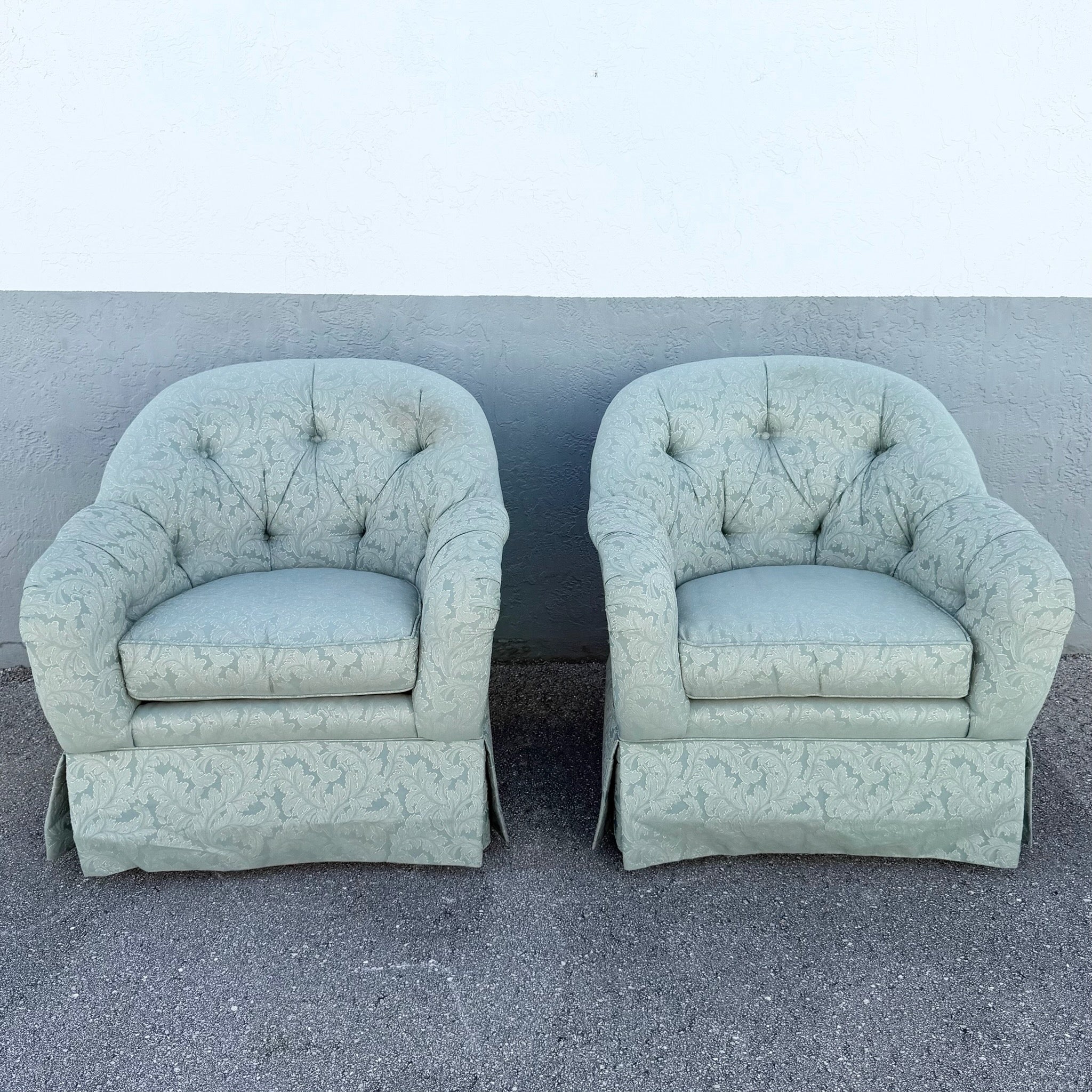 Vintage Mid Century Tufted Button Club Chairs by Ethan Allen - A Pair Dolphin & Flamingo