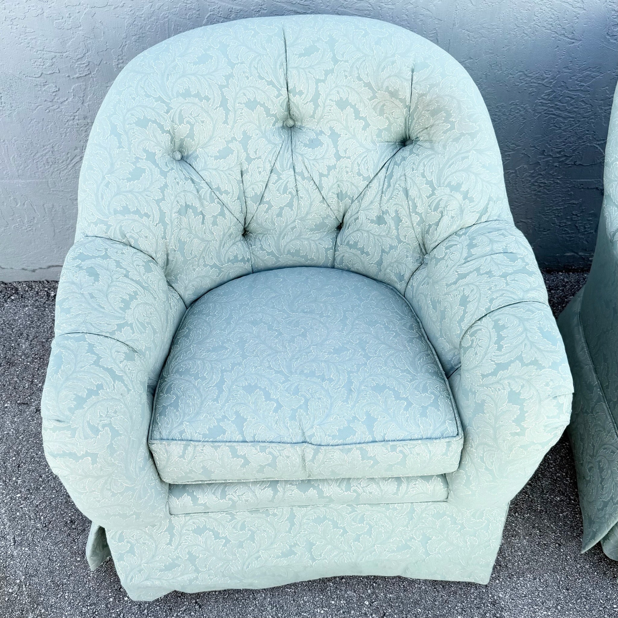 Vintage Mid Century Tufted Button Club Chairs by Ethan Allen - A Pair Dolphin & Flamingo