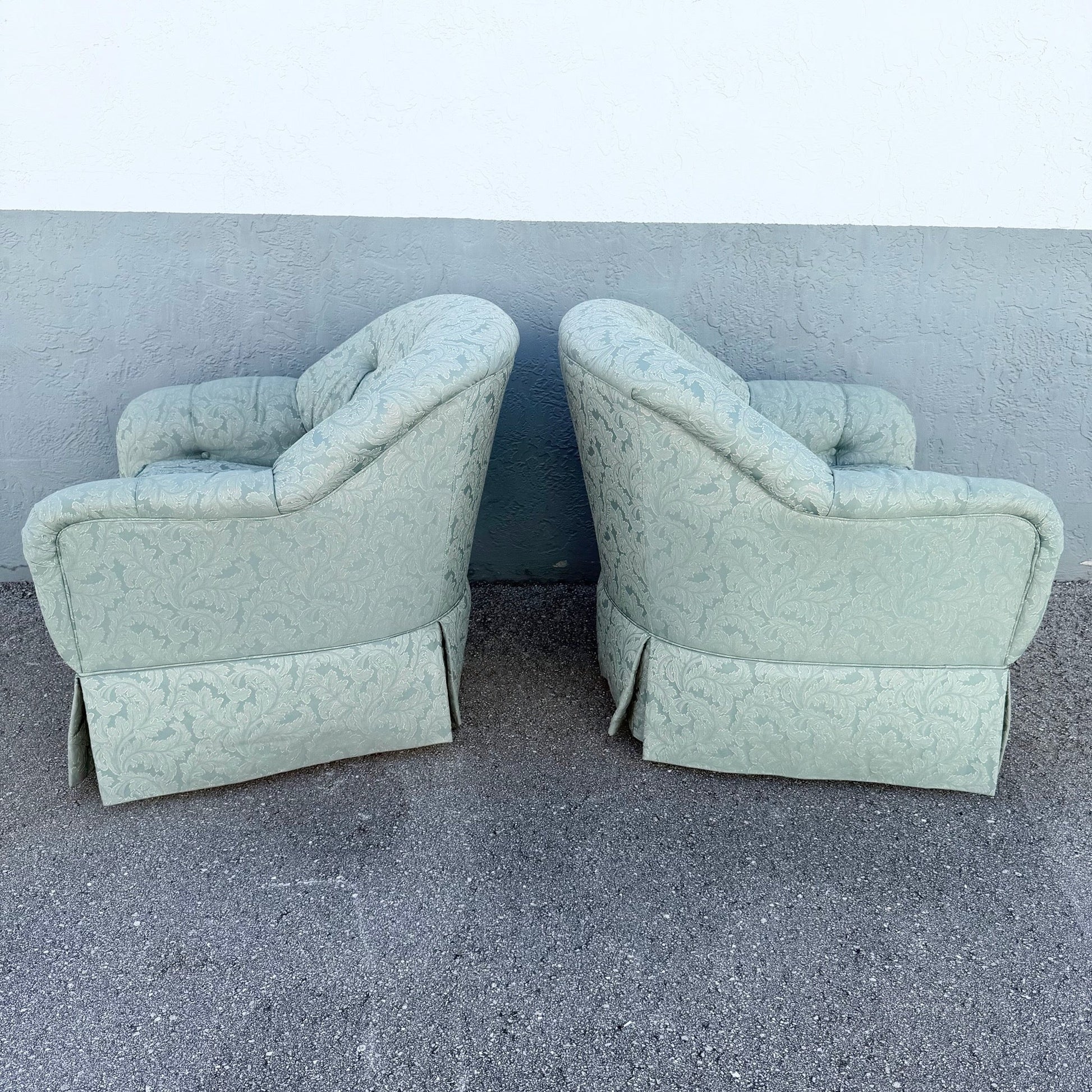 Vintage Mid Century Tufted Button Club Chairs by Ethan Allen - A Pair Dolphin & Flamingo