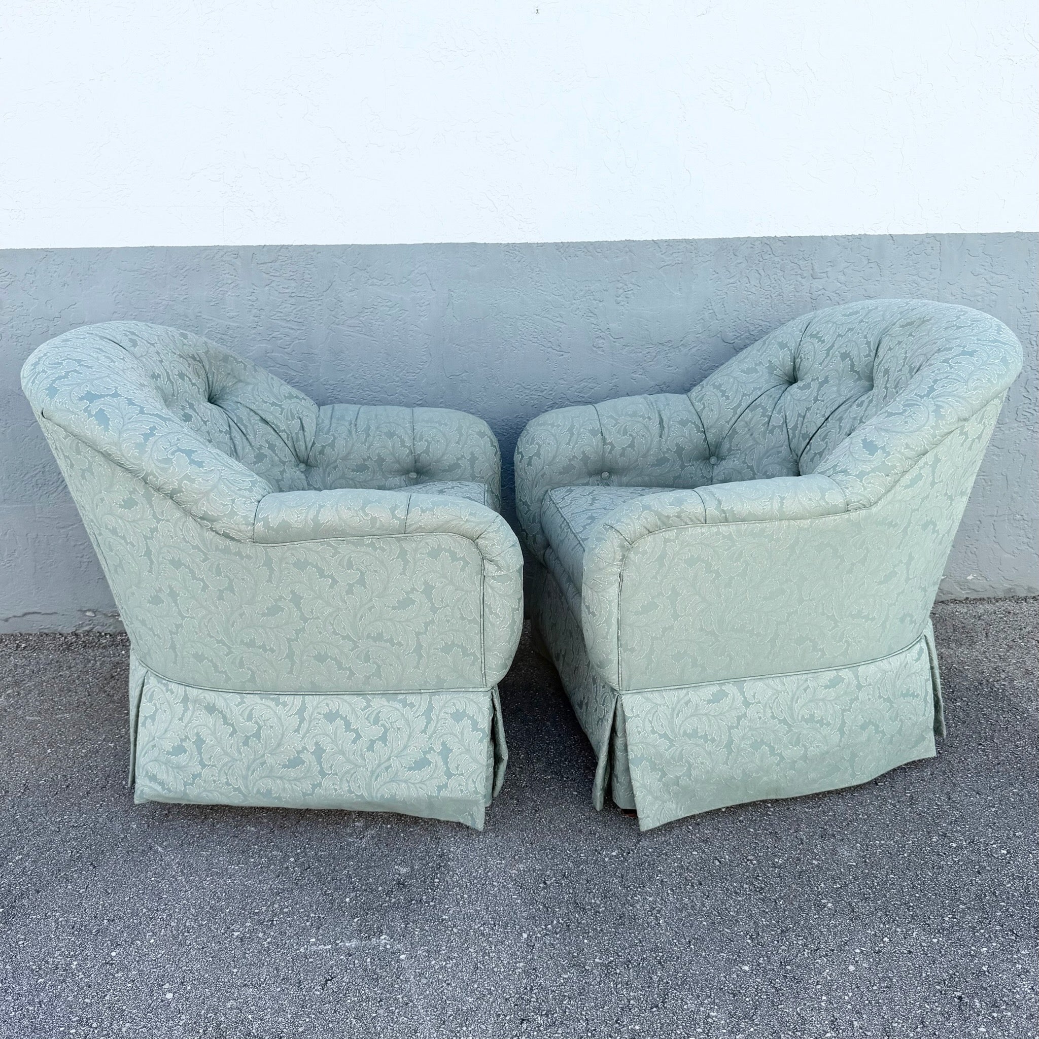 Vintage Mid Century Tufted Button Club Chairs by Ethan Allen - A Pair Dolphin & Flamingo