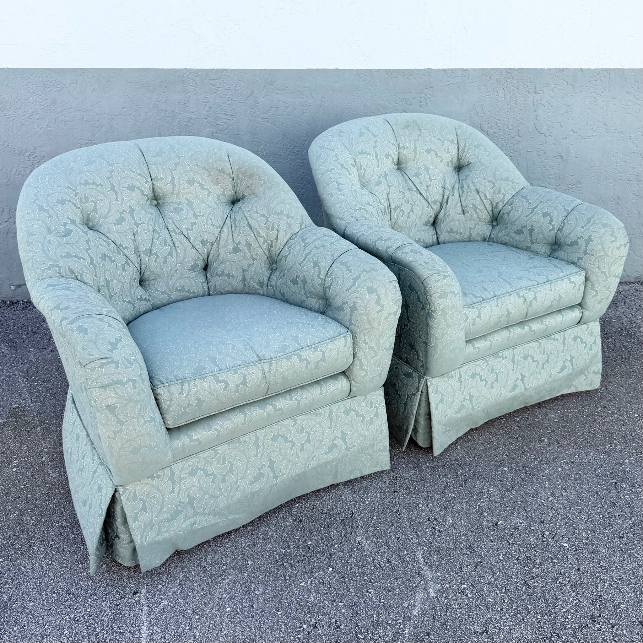 Vintage Mid Century Tufted Button Club Chairs by Ethan Allen - A Pair Dolphin & Flamingo