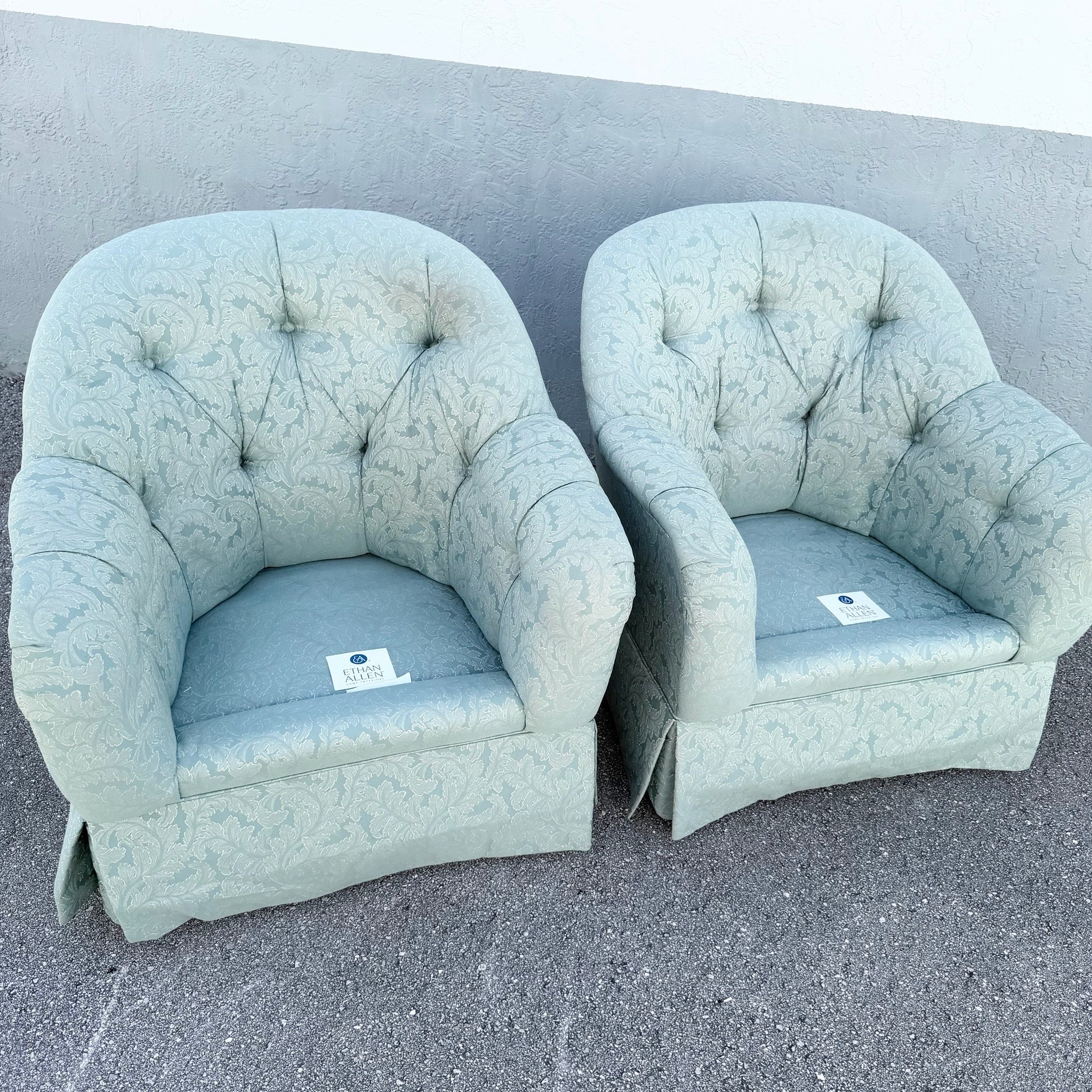 Vintage Mid Century Tufted Button Club Chairs by Ethan Allen - A Pair Dolphin & Flamingo