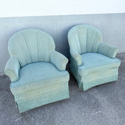 Postmodern Turquoise Fabric Clam Shell Scalloped Swivel Lounge Chairs by Stanley - A Pair Dolphin & Flamingo