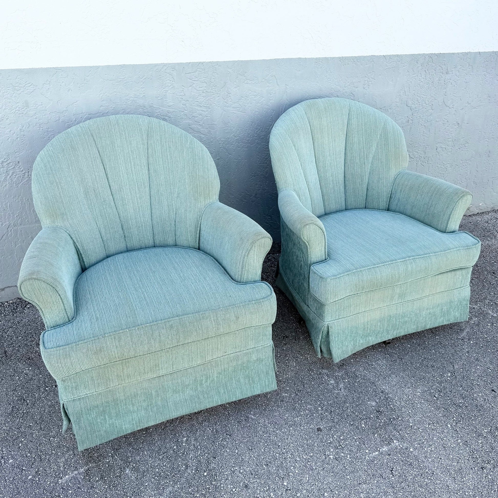 Postmodern Turquoise Fabric Clam Shell Scalloped Swivel Lounge Chairs by Stanley - A Pair Dolphin & Flamingo