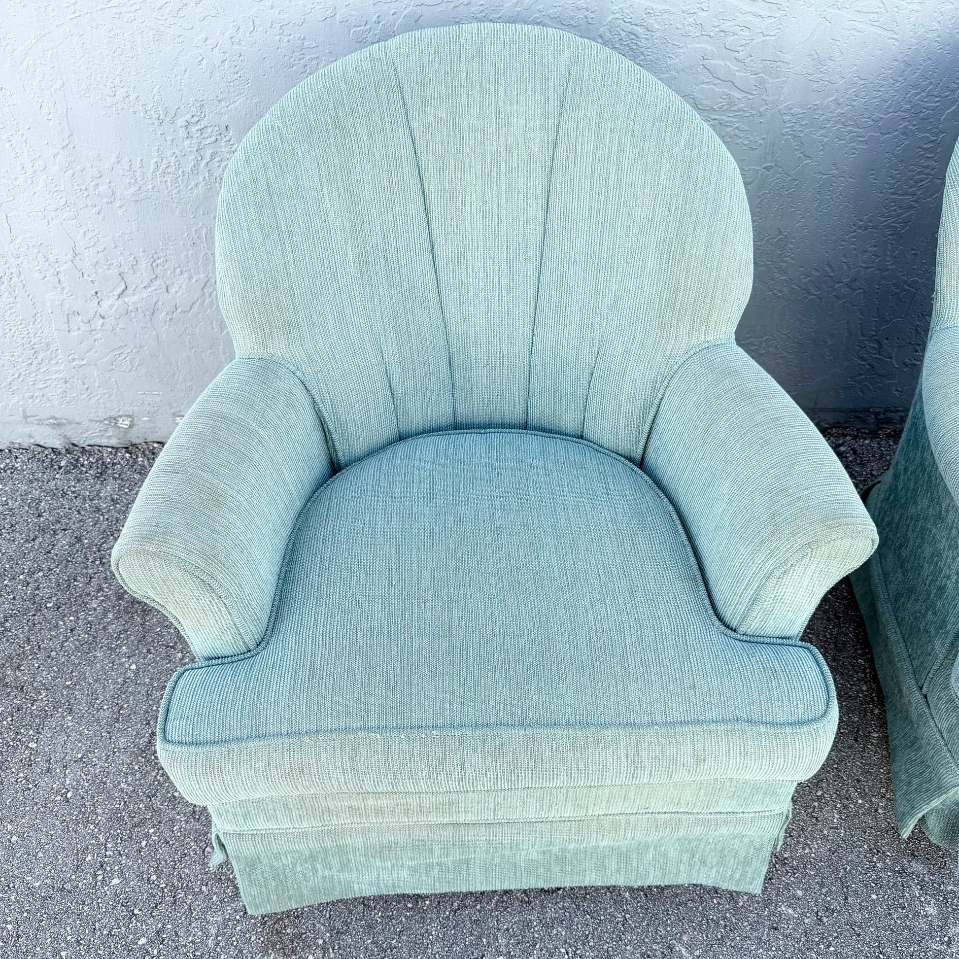 Postmodern Turquoise Fabric Clam Shell Scalloped Swivel Lounge Chairs by Stanley - A Pair Dolphin & Flamingo