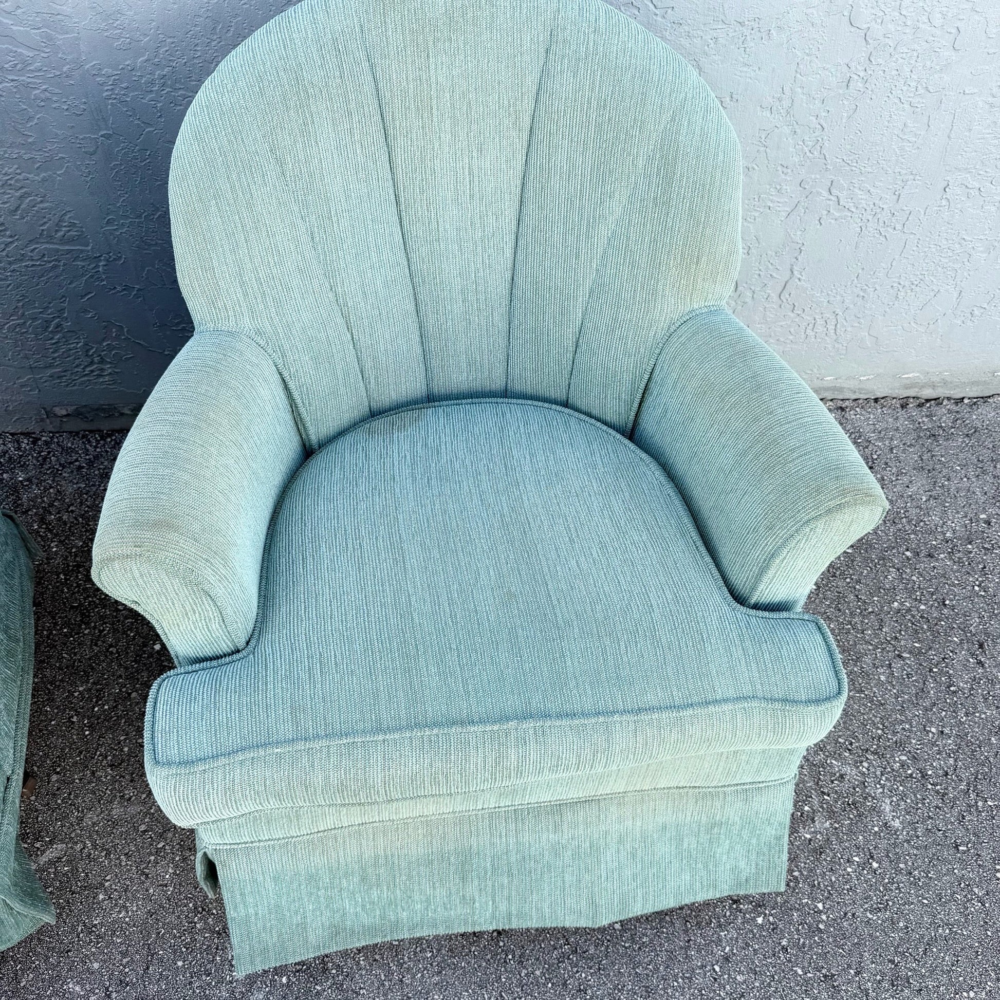 Postmodern Turquoise Fabric Clam Shell Scalloped Swivel Lounge Chairs by Stanley - A Pair Dolphin & Flamingo
