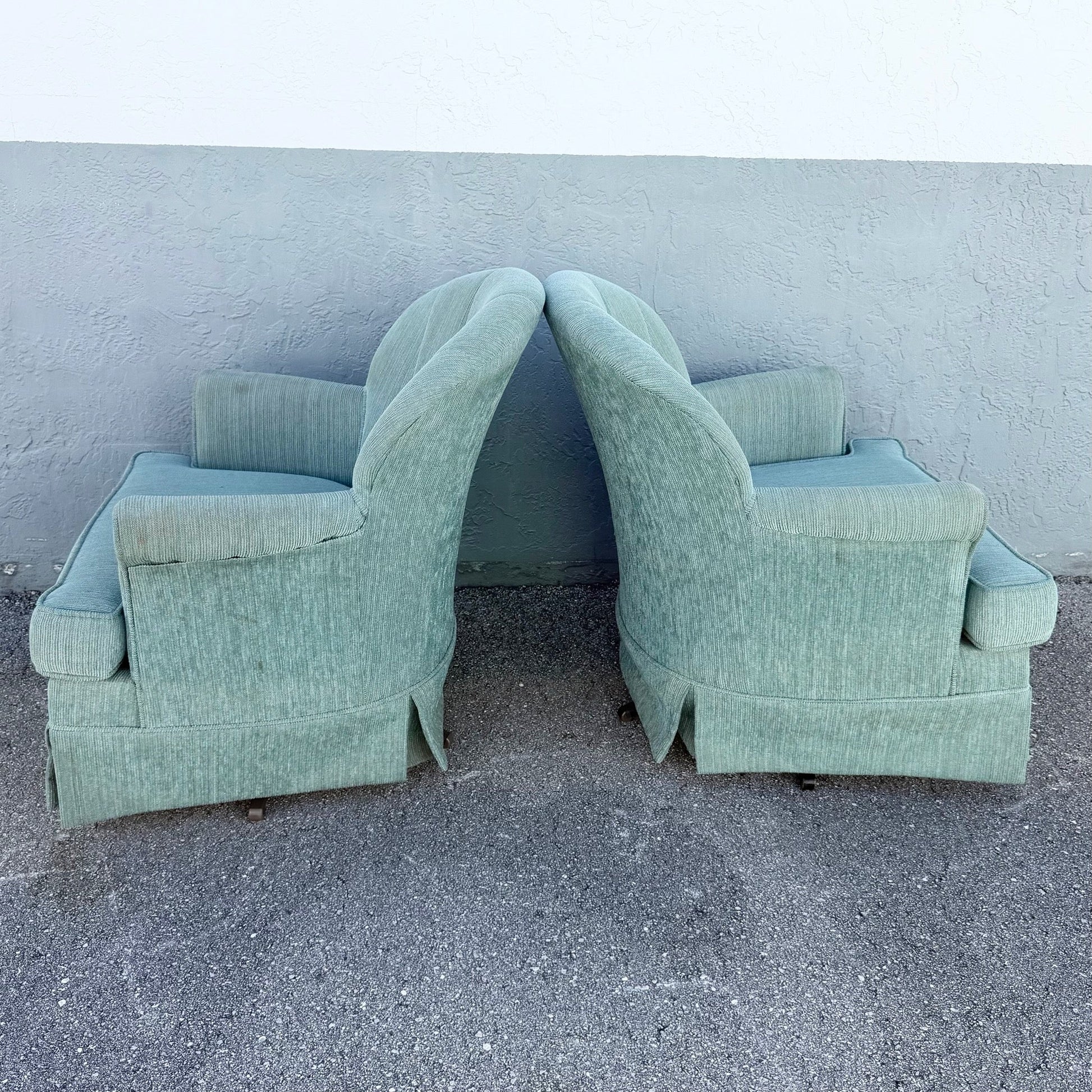 Postmodern Turquoise Fabric Clam Shell Scalloped Swivel Lounge Chairs by Stanley - A Pair Dolphin & Flamingo