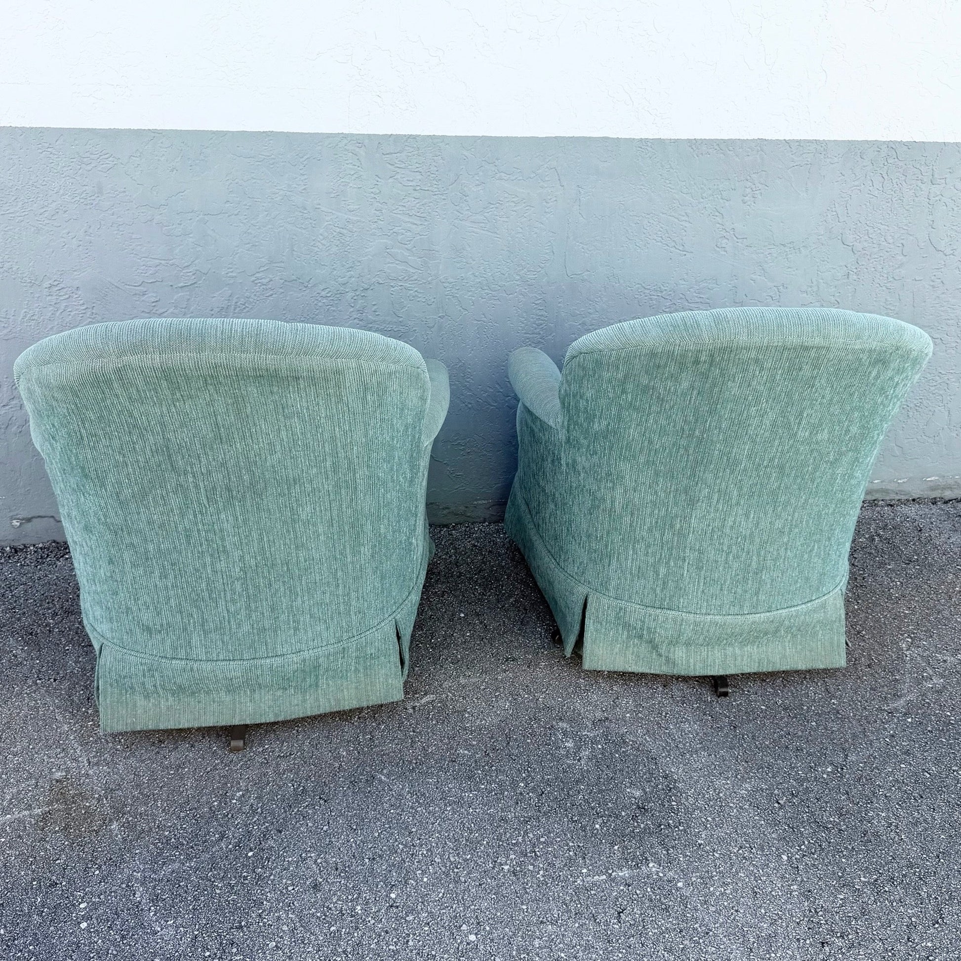 Postmodern Turquoise Fabric Clam Shell Scalloped Swivel Lounge Chairs by Stanley - A Pair Dolphin & Flamingo