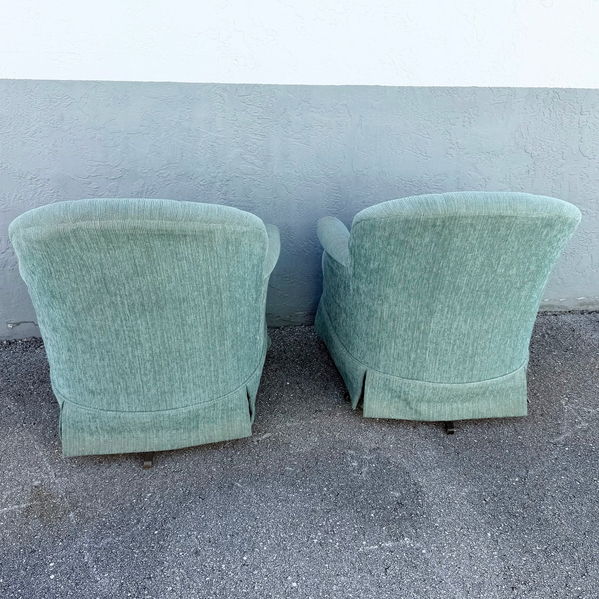 Postmodern Turquoise Fabric Clam Shell Scalloped Swivel Lounge Chairs by Stanley - A Pair Dolphin & Flamingo