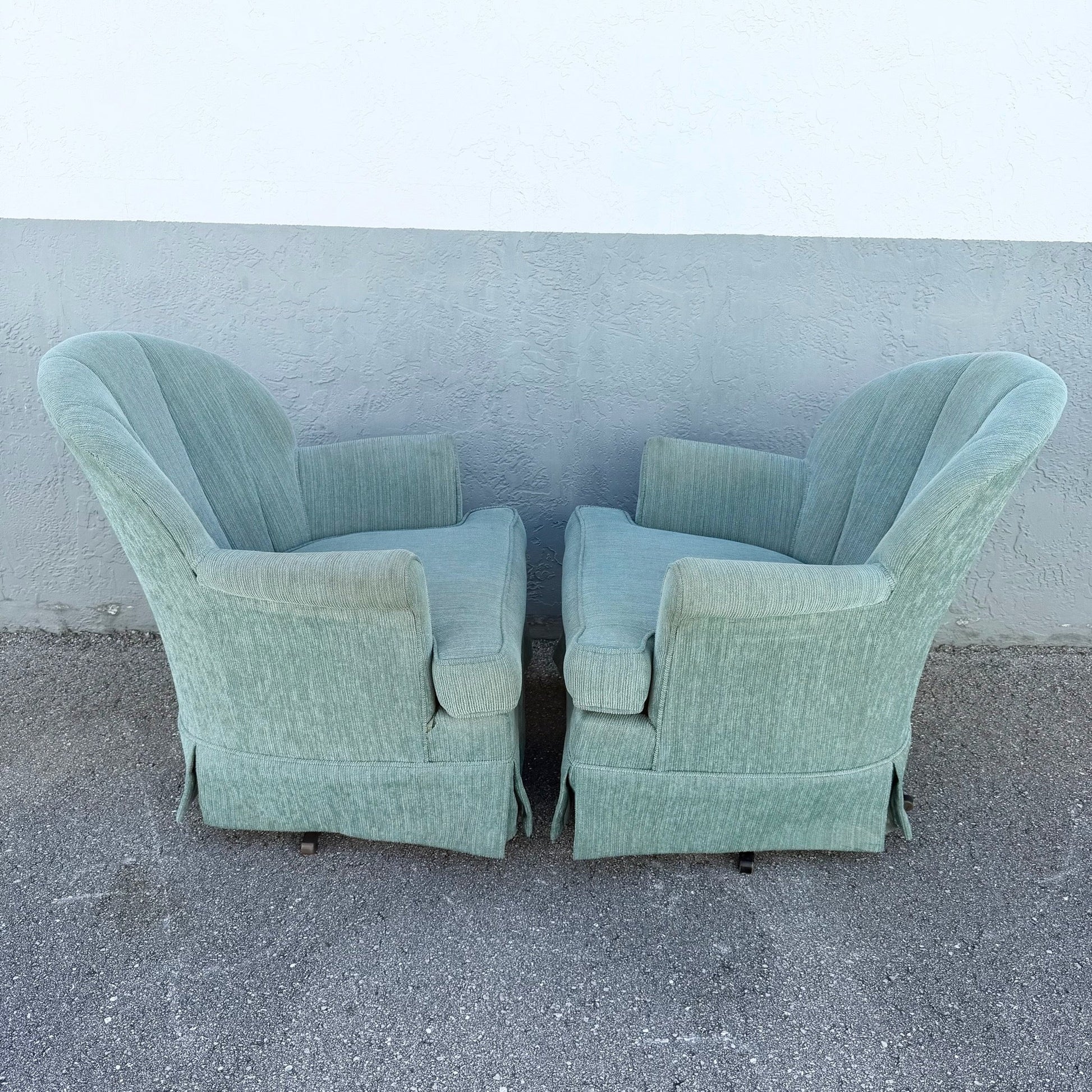 Postmodern Turquoise Fabric Clam Shell Scalloped Swivel Lounge Chairs by Stanley - A Pair Dolphin & Flamingo
