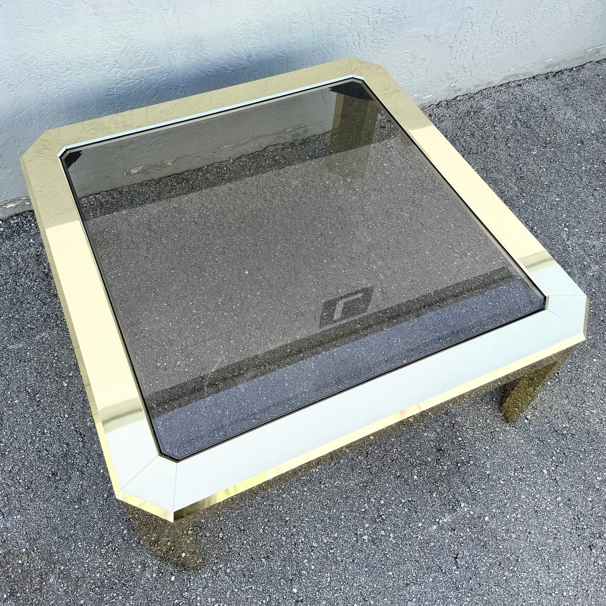 Vintage Art Deco Gold and Smoked Glass Coffee Table Dolphin & Flamingo