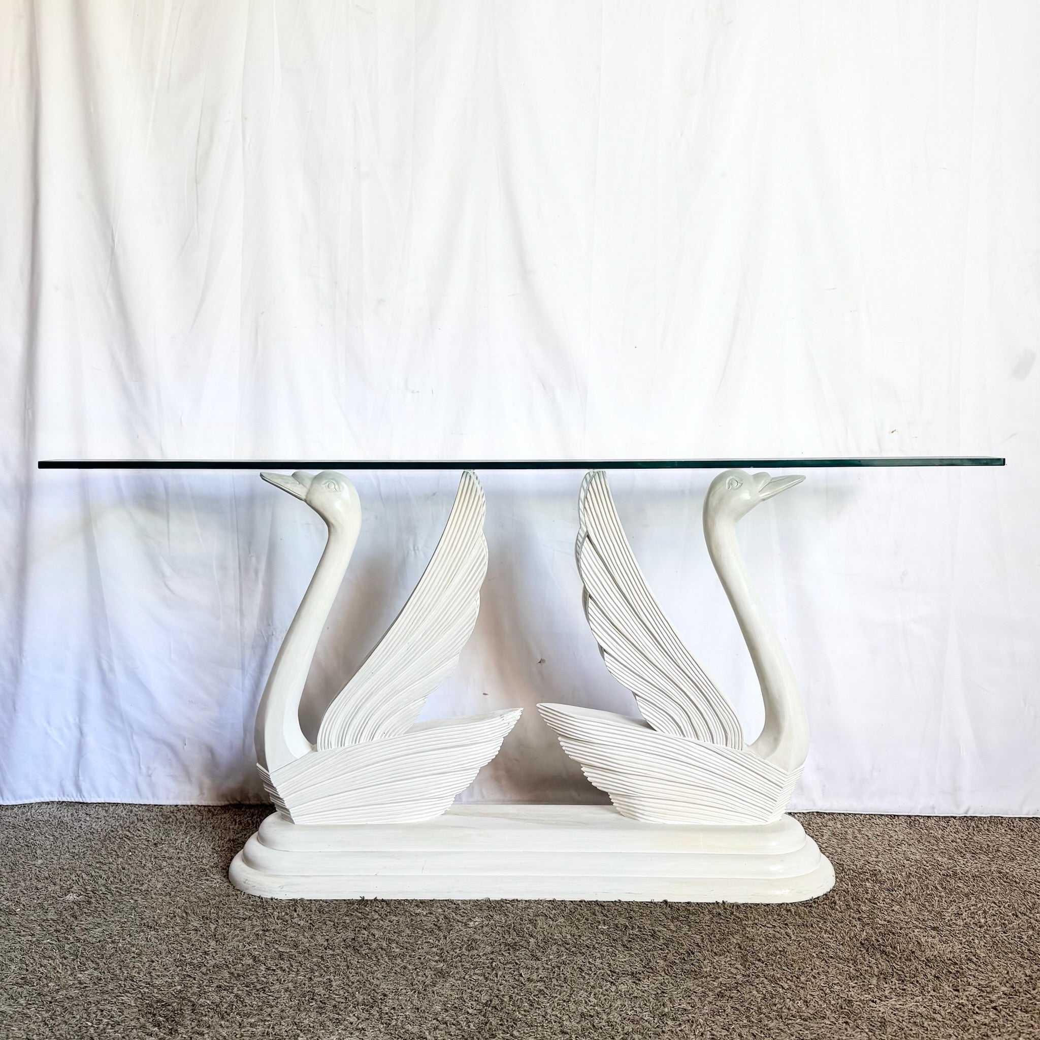 Hollywood Regency Wooden Swan Glass Top Console Table