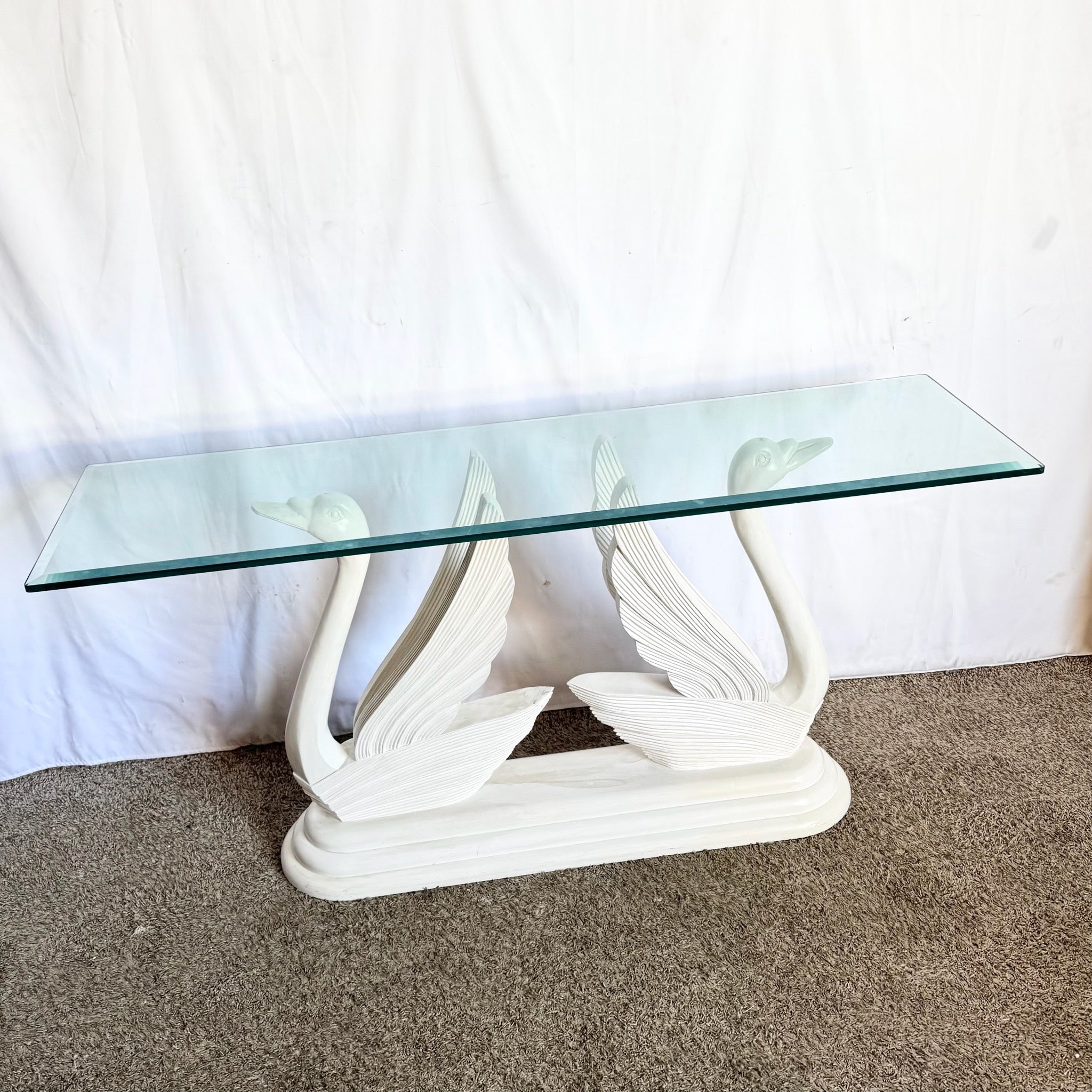 Hollywood Regency Wooden Swan Glass Top Console Table