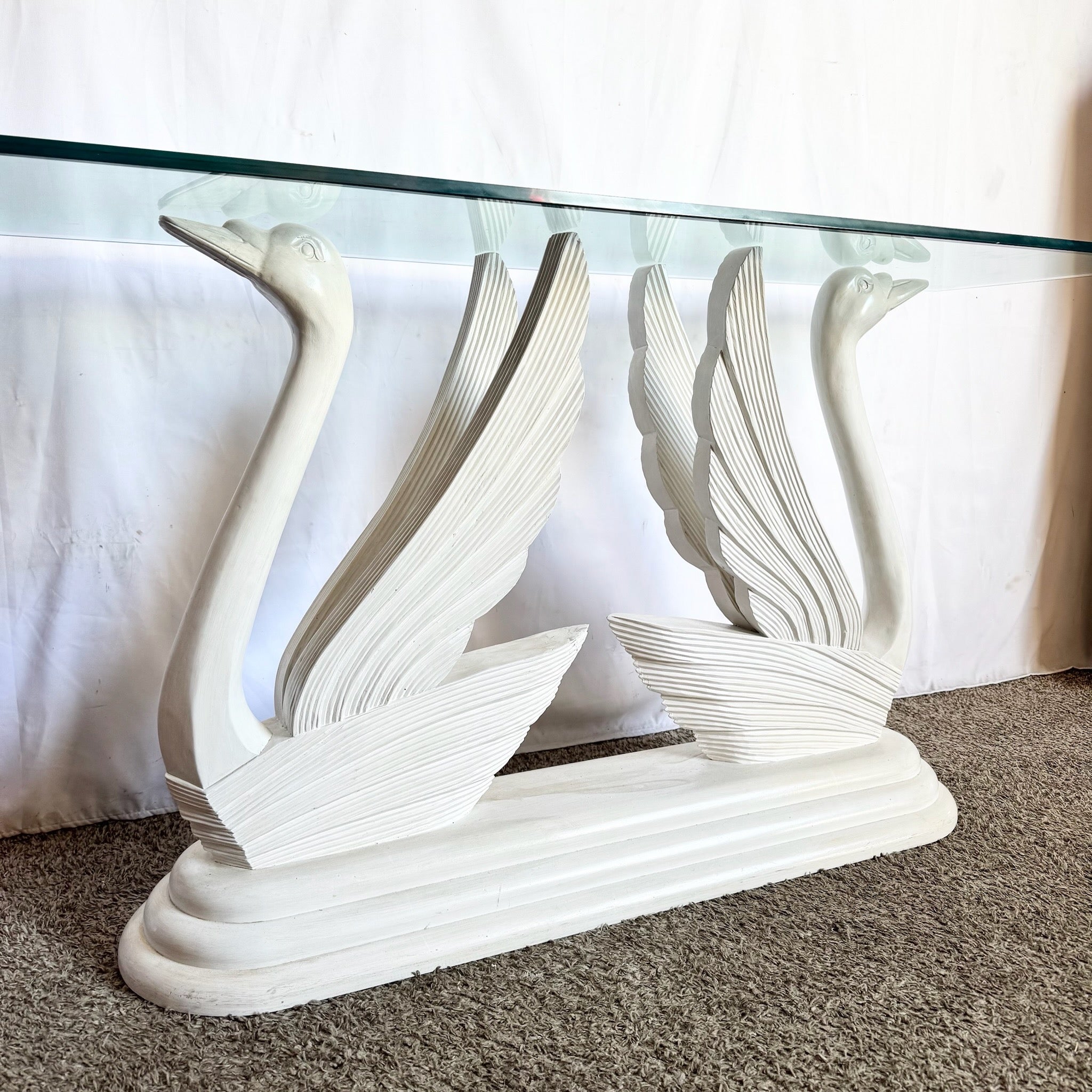 Hollywood Regency Wooden Swan Glass Top Console Table