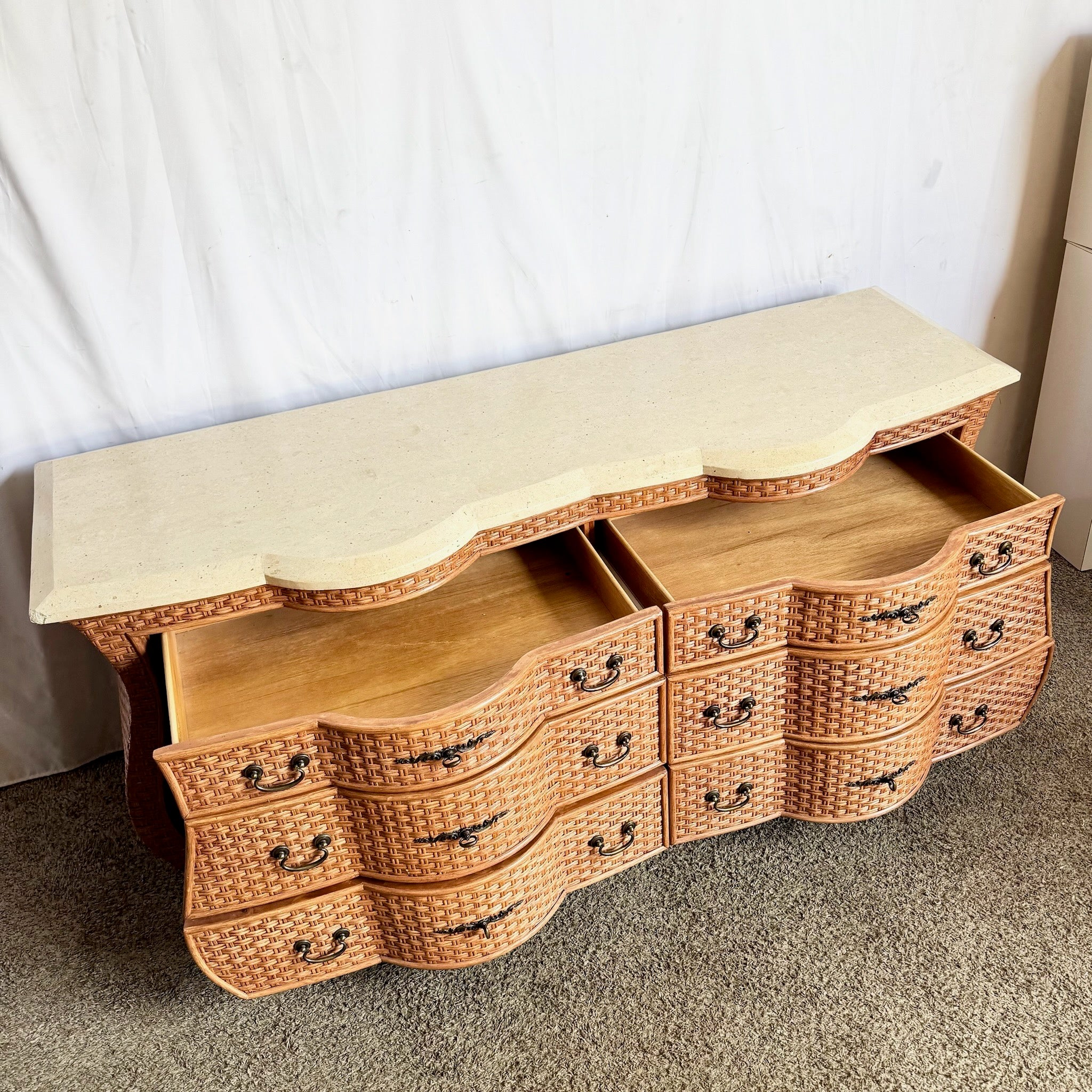 Vintage Boho Chic Tessellated Stone Top Wicker Dresser by Whitecraft