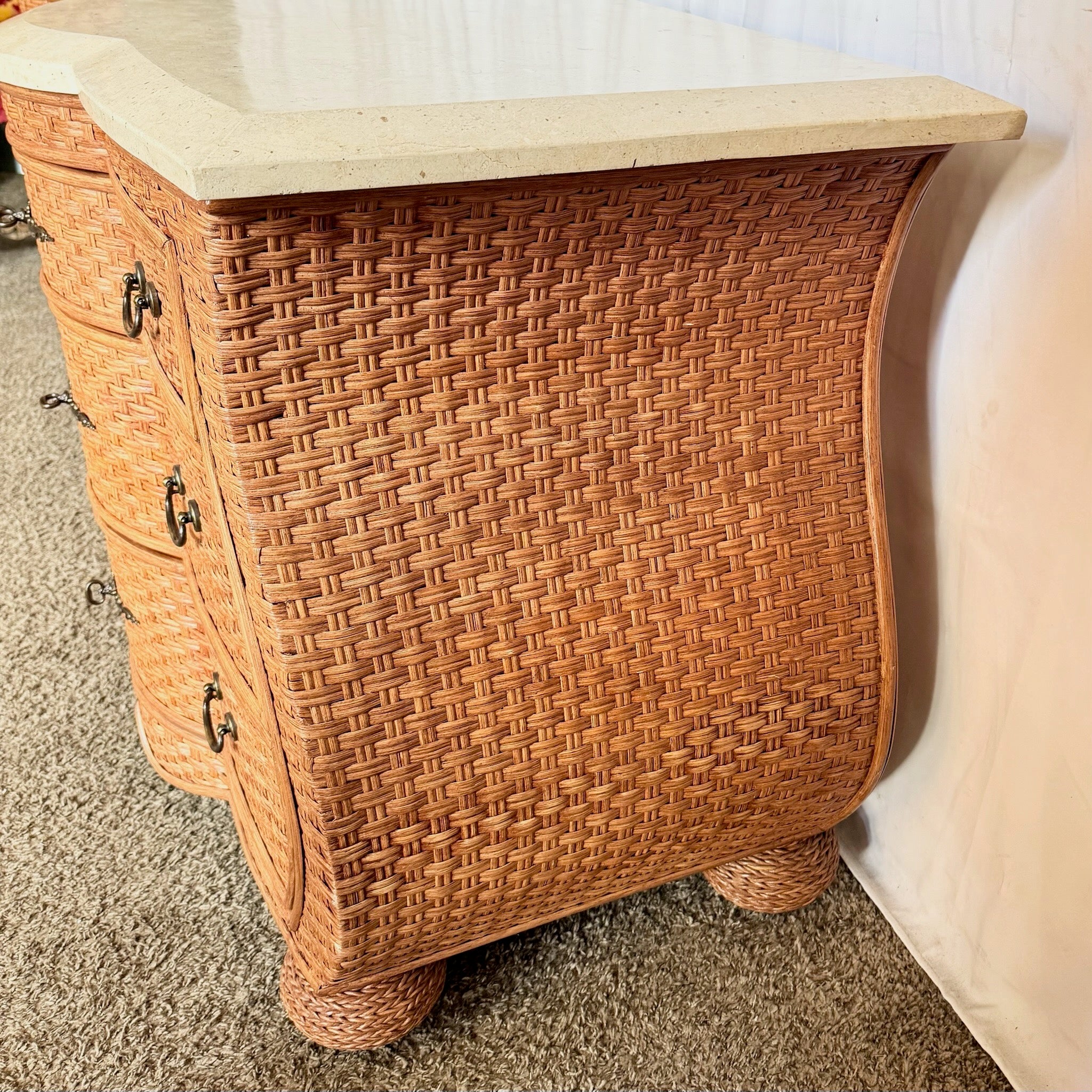 Vintage Boho Chic Tessellated Stone Top Wicker Dresser by Whitecraft