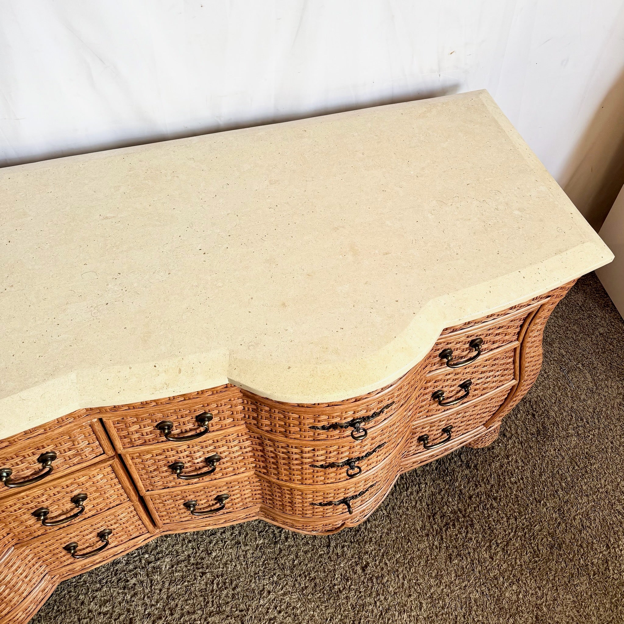 Vintage Boho Chic Tessellated Stone Top Wicker Dresser by Whitecraft