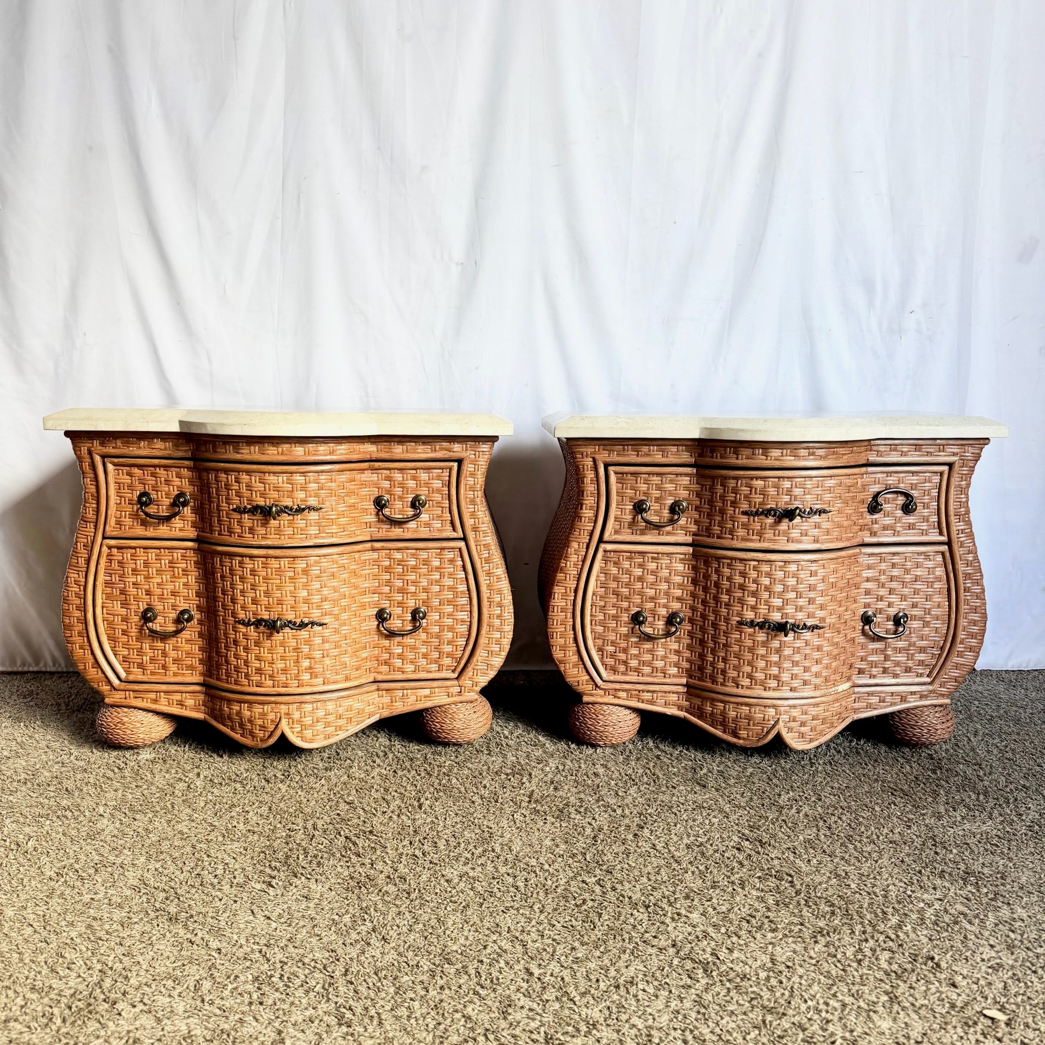 Vintage Boho Chic Tessellated Stone Top Wicker Nightstands by Whitecraft